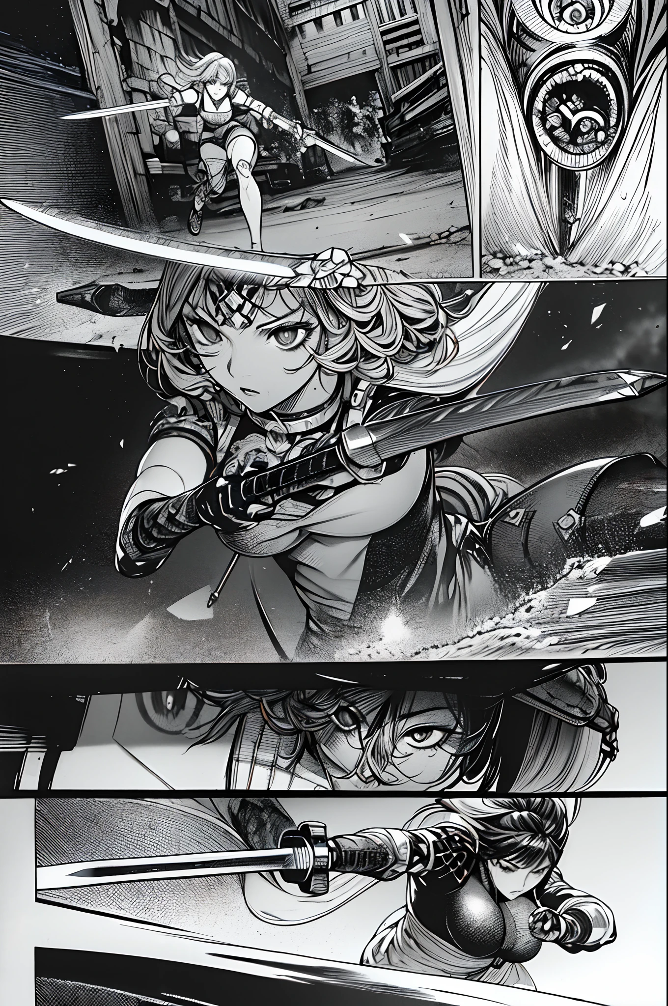 Comic storyboard:1.8, ((best quality),(((ultradetailed))).(((masterpiece))),illustration,'young woman transforming into a fully armed female warrior, holding a long sword, fighting against monsters'.
