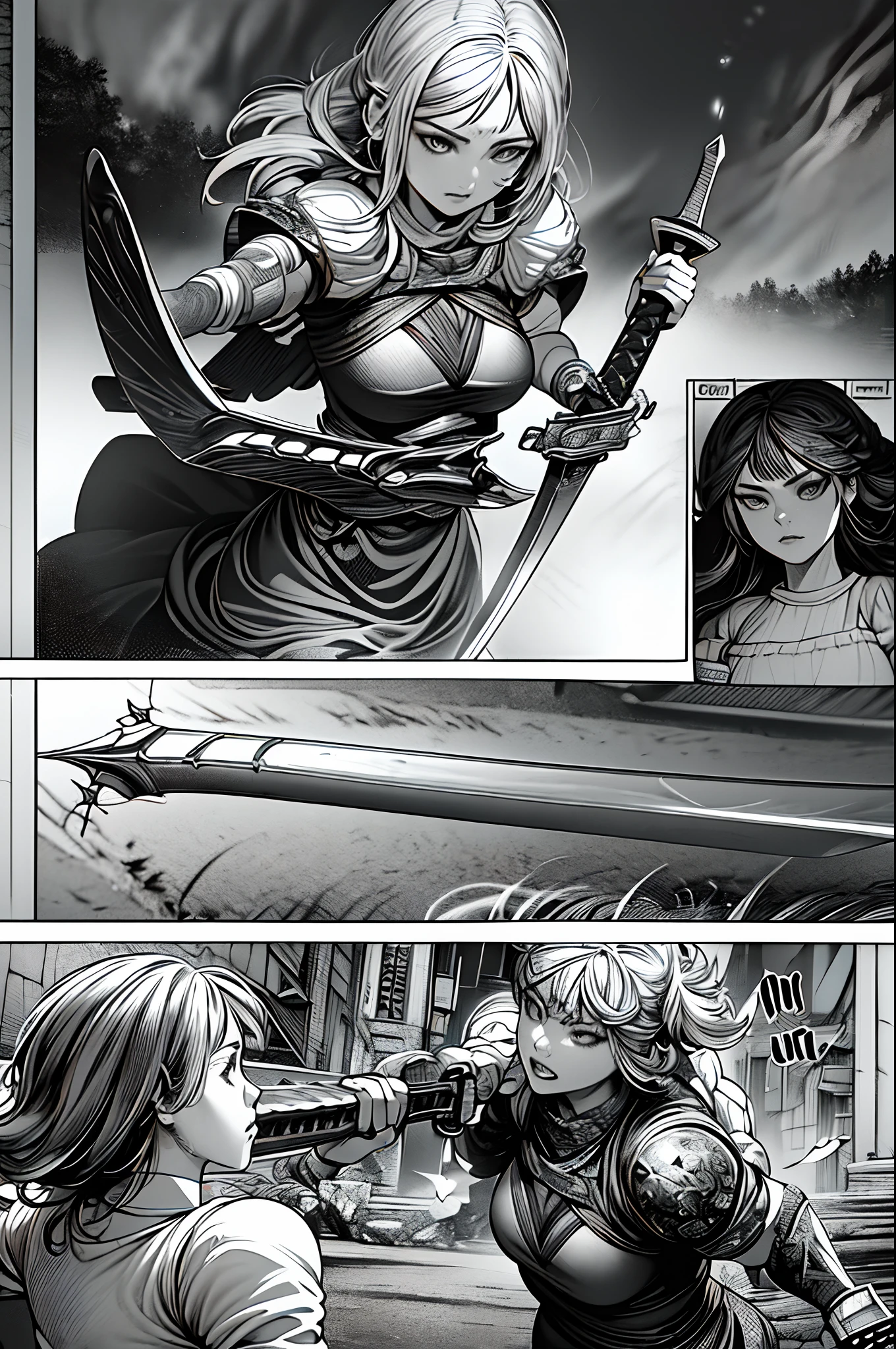 Comic storyboard:1.8, ((best quality),(((ultradetailed))).(((masterpiece))),illustration,'young woman transforming into a fully armed female warrior, holding a long sword, fighting against monsters'.