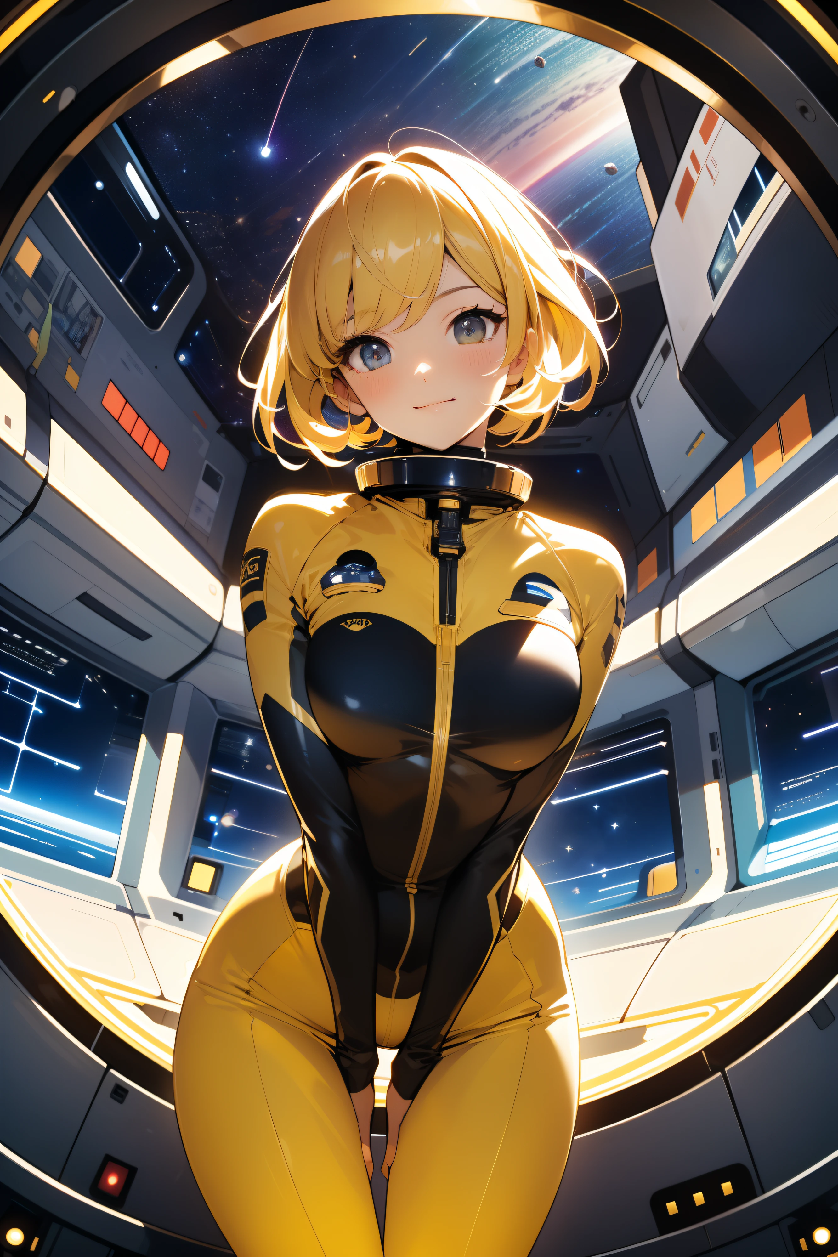 (masterpiece, best quality:1.2), (cowboy shot:1.1), solo, 1girl, mori yuki, slight smile, closed mouth, looking at viewer, blonde hair, thigh gap, yellow bodysuit, skin-tight, perfect body, dynamic pose, sensual pose, large window, (starship porthole:1.3), from front, (spread legs:1.3), (standing:1.1), thigh gap, perfect hands, bright starship interior, (outer space view:1.1), (orbital view:1.3), (night, stary sky:1.5), milky way