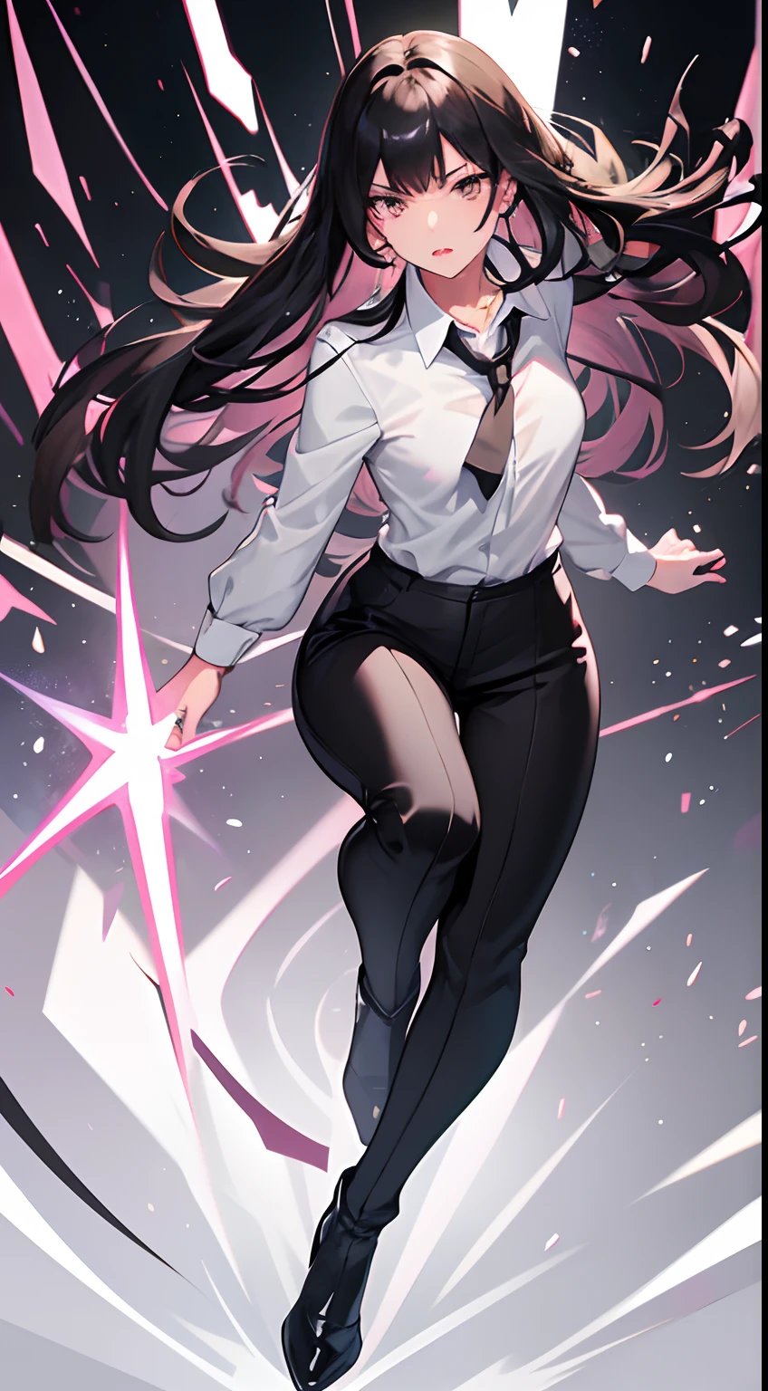 1girl, solo, full body, white button up shirt, black high heels, black slacks, black tie, masterpiece, best quality, hyper-detailed, (shiny skin, sweaty:1.4), looking at viewer, long black hair, hime style bangs, light brown eyes color, slender, dynamic lighting, high resolution, sharp focus, depth of field, detailed eyes, sharp pupils, pink lips, mecha weapon