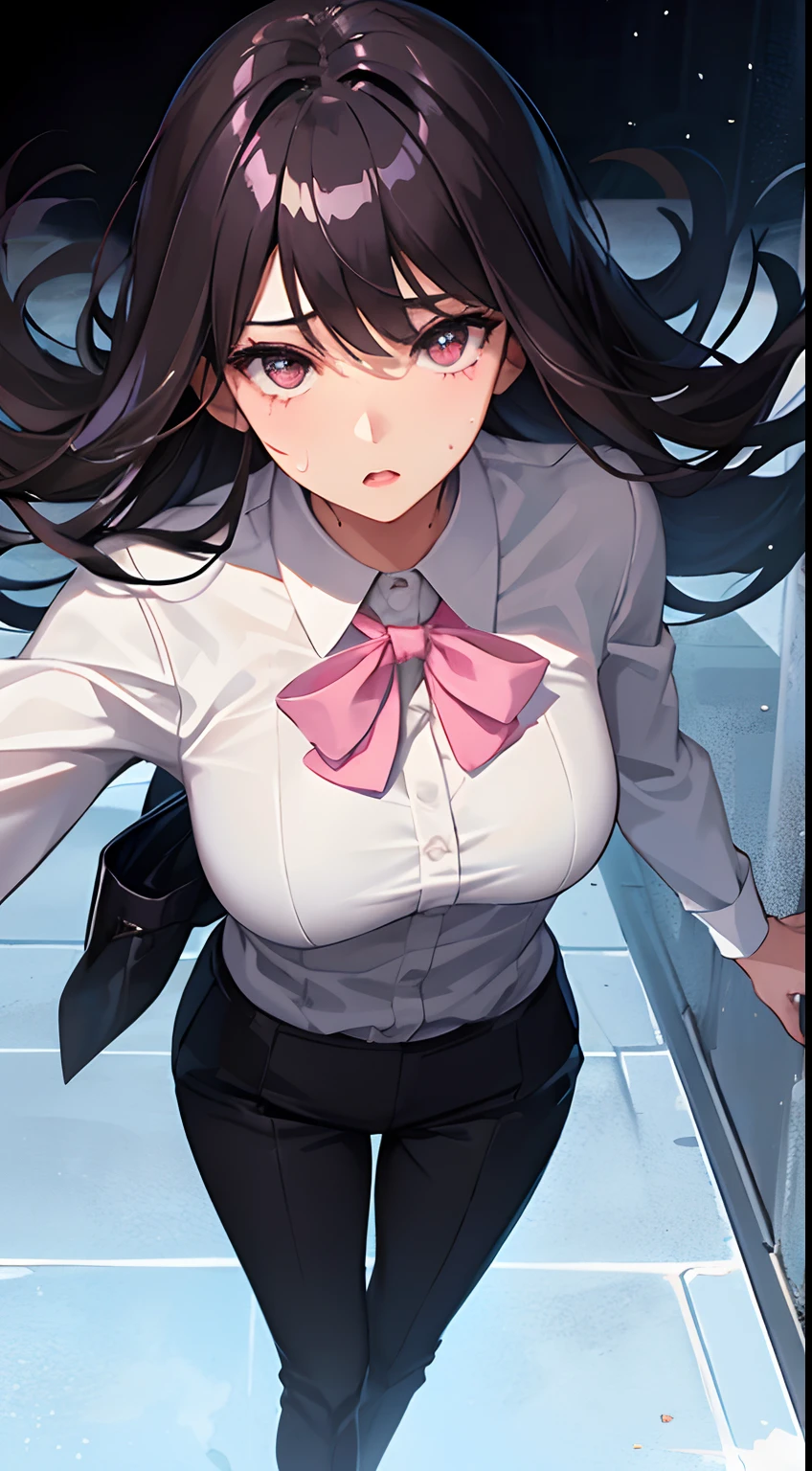 1girl, solo, full body, white button up shirt, black high heels, black slacks, black tie, masterpiece, best quality, hyper-detailed, (shiny skin, sweaty:1.4), looking at viewer, long black hair, hime style bangs, light brown eyes color, slender, dynamic lighting, high resolution, sharp focus, depth of field, detailed eyes, sharp pupils, pink lips, mecha weapon