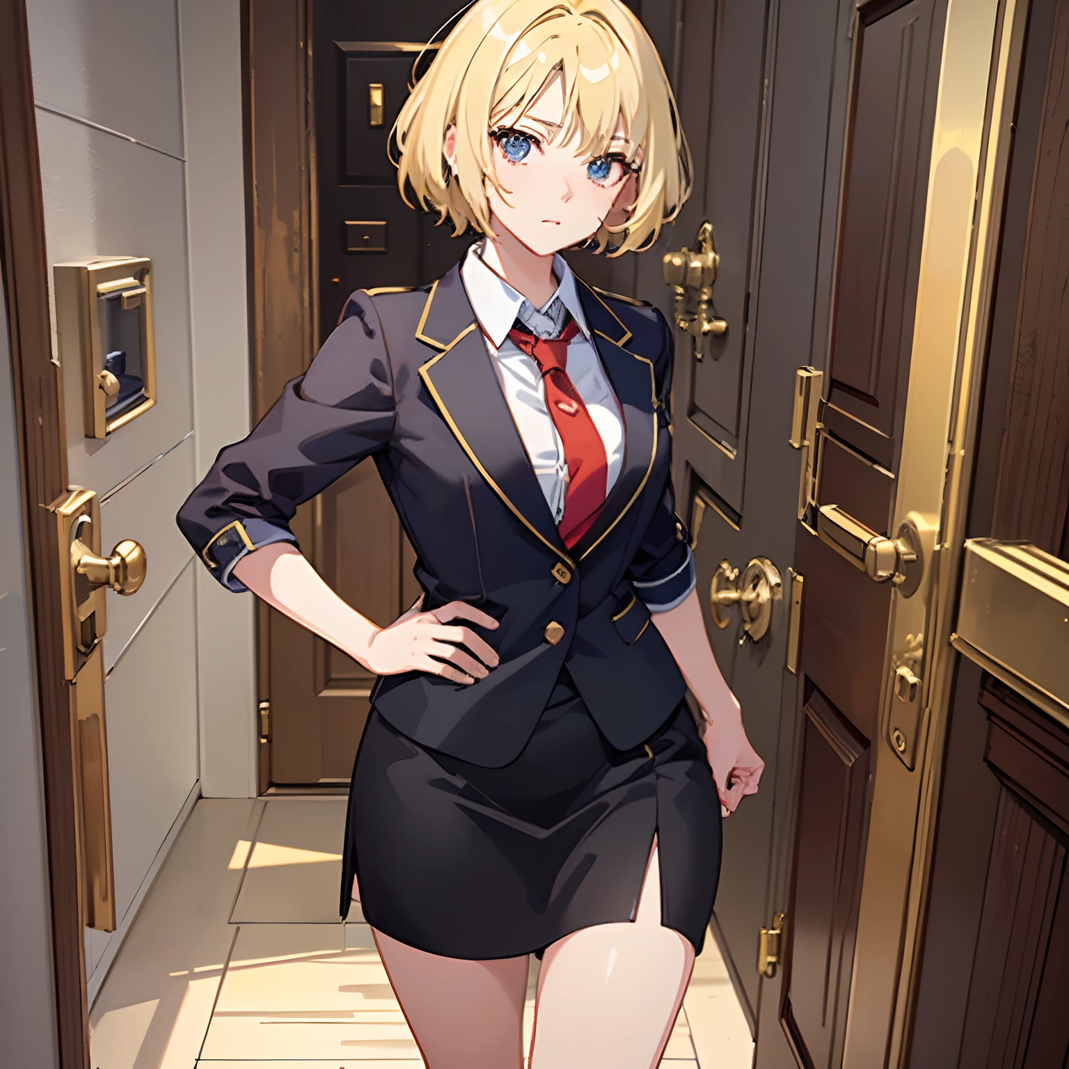 1girll,(short blonde hair:1.6),Business suit,Skirt that wraps hips,short black socks,Rich and noble families,In the corridor of the villa,(Knocking on the door:2),facing away from the audience,Ultra-detailed CG,Exquisite facial features,Clear facial expressions,Detailed digital anime art,Digital anime art,High quality anime art style