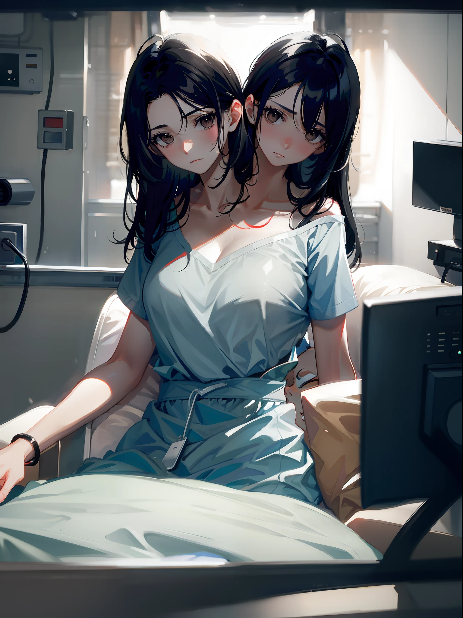(2heads:1.5), 1girl, black hair, brown eyes, sad, sick, bored, lying in a hospital bed