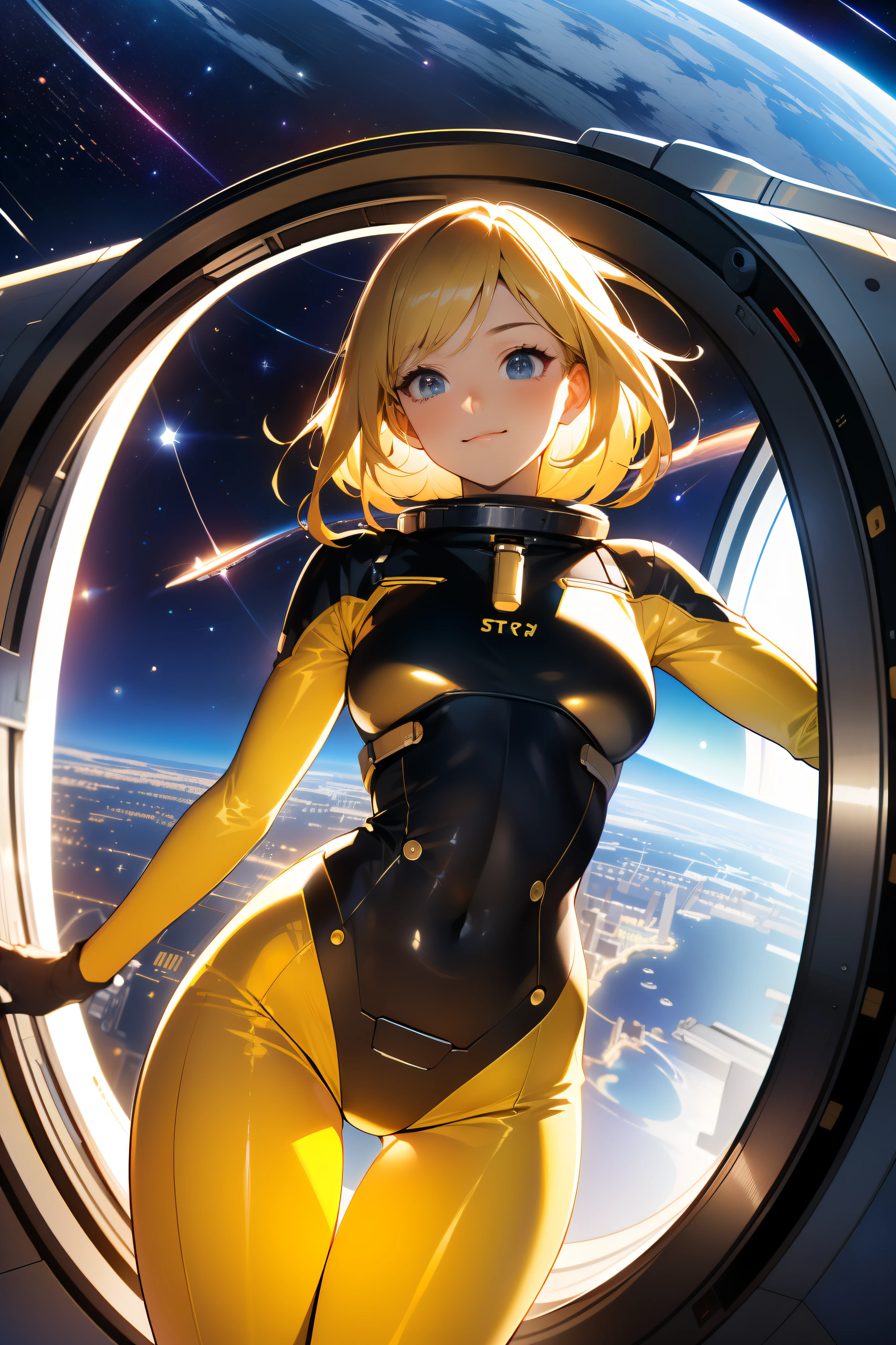 (masterpiece, best quality:1.2), (cowboy shot:1.1), solo, 1girl, mori yuki, slight smile, closed mouth, looking at viewer, blonde hair, thigh gap, yellow bodysuit, skin-tight, yellow gold, side view, perfect body, large window, (starship porthole:1.3), from front, (spread legs:1.3), (standing:1.1), thigh gap, perfect hands, bright starship interior, (outer space view:1.1), (orbital view:1.3), (night, stary sky:1.5), milky way