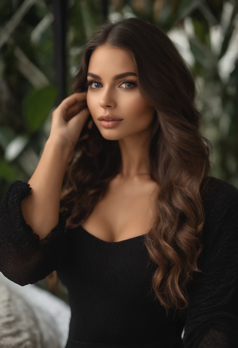 Latina woman completely , Sexy girl with ultra realistic green eyes, Meticulously detailed, Portrait Sophie Mudd, cheveux noirs et grands yeux, Selfie d'une jeune femme, Yeux de chambre, Violet Myers, sans maquillage, maquillage naturel, looking straight at camera , Visage avec Art gram, Maquillage subtil, Stunning photo of the whole body standing in front of a swimming pool Bust of medium size to large beautiful shape