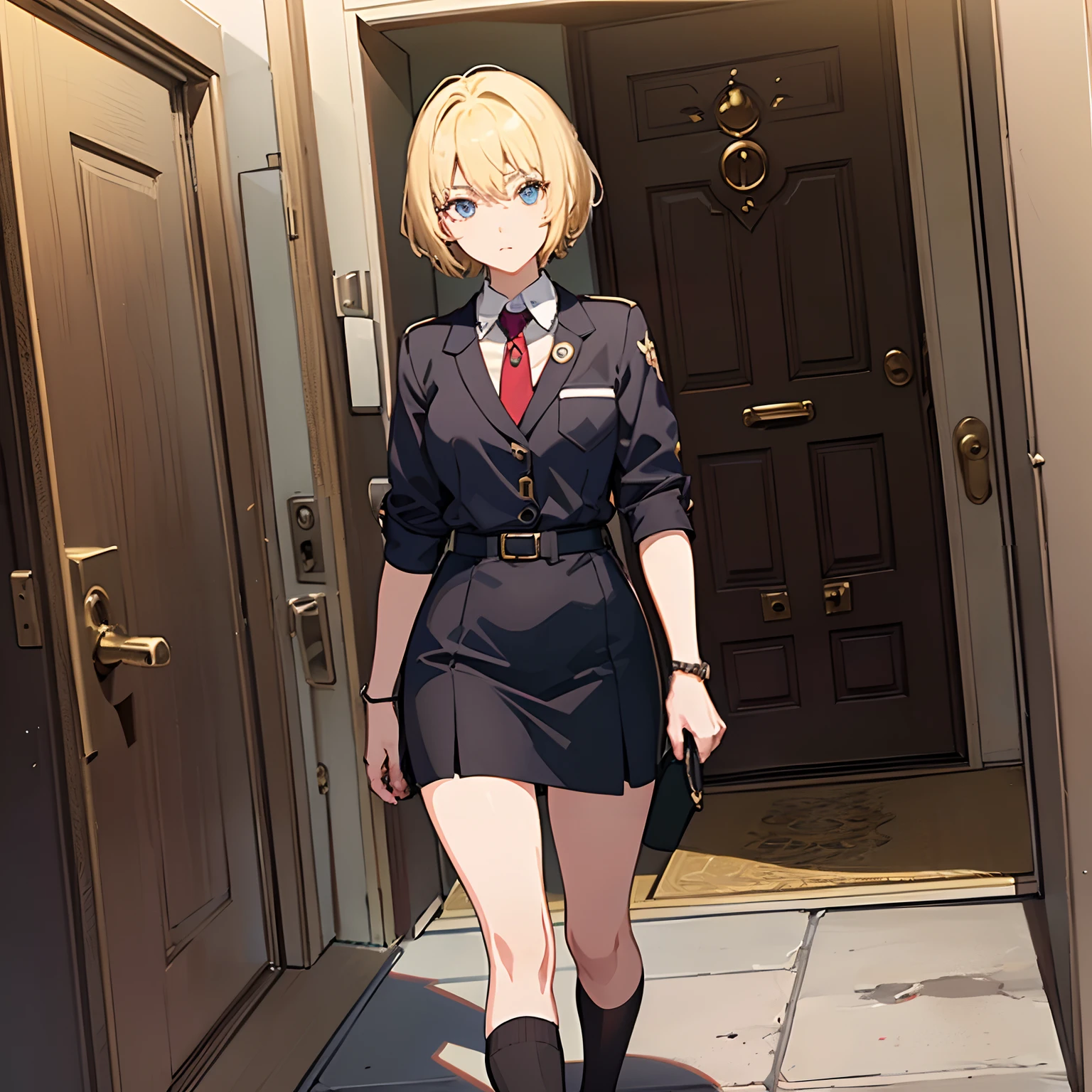 1girll,(short blonde hair:1.6),Business suit,Skirt that wraps hips,short black socks, Rich and noble families,In the corridor of the villa,(Knocking on the door:2),facing away from the audience,Ultra-detailed CG,Exquisite facial features,Clear facial expressions,Detailed digital anime art,Digital anime art,High quality anime art style