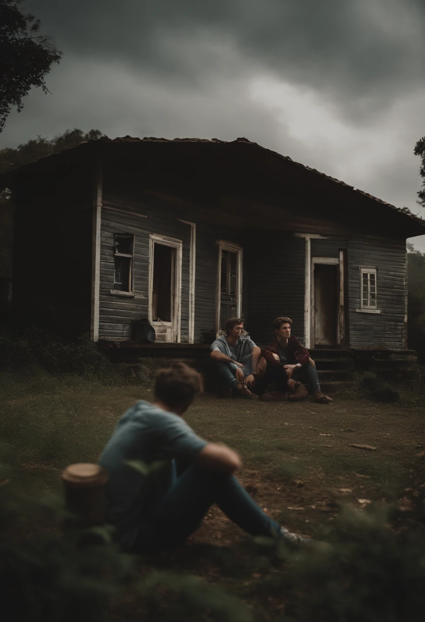 estilo cinema , 4 jovens na frente de uma casa olhando para casa abandonada detalhado