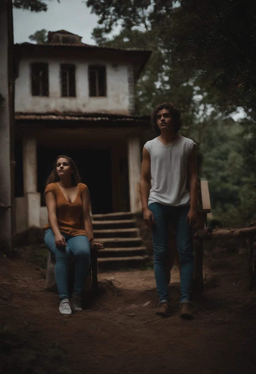 estilo cinema , 4 jovens na frente de uma casa olhando para casa abandonada detalhado