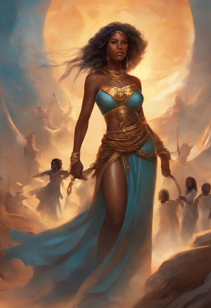 Uma mulher negra, dressed as a slave full long hair running with a skinny teenager with short full hair dressed as a slave behind her with 3 more small children following in a row, Everyone has shackles and broken chains on their wrists, cena vista de lado, de busto