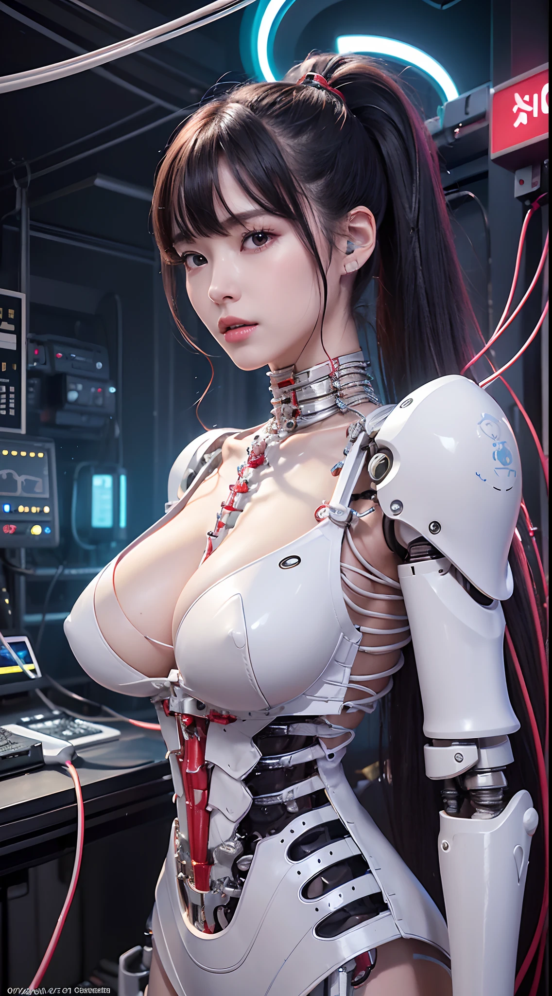 (((masterpiece)))、((top-quality))、(The ultra-detailliert)、8K、(Very noble and beautiful))、Cinematic Light、((1 Mechanical Girl))、Looking here、White ceramic body、a purple eye、Colossal tits、The cleavage is visible、Single、(Mechanical joint:1.4)、((Mechanical limb))、(Blood vessels attached to tubes)、((Mechanical spine attached to the back))、((Mechanical cervical vertebrae attached to neck))、(Wires and cables attached to the head and body:1.5)、 neon details、scientific fiction、cowboy shot、The background is Cyberpunk City、