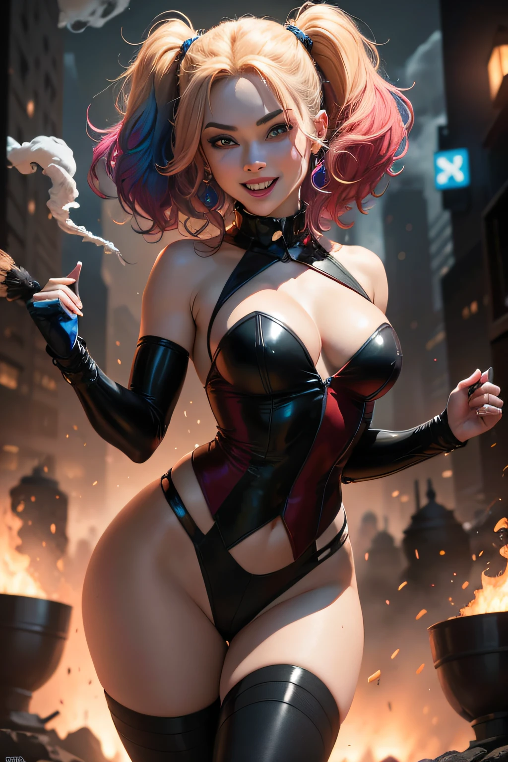 melhor qualidade, ultra-detalhado, cores vibrantes, realistic lighting, Retratos, olhar intenso, sorriso sedutor, cabelos vermelhos e azuis ardentes, maquiagem detalhada, playful and mischievous expression, dinamic poses, Trajes estilosos, Gotham City Setting, energetic and lively atmosphere, diverse and enthusiastic crowd, effects of swirling smoke, postura sedutora e provocadora, Powerful and confident presence