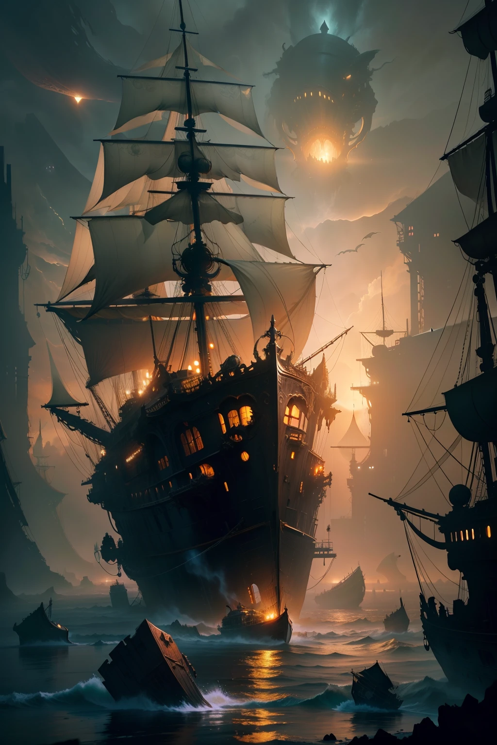 Ghost Ship, Fantasy Art, intricate, Beautiful, glowing, Golden Hour, outer space, ultra-detail, Detailed modeling, Broken hull, Fantastic, mysterious, Scary, The sails decayed., foggy, Flashing light, Realistic, detailed illustration, high-res, Haunted Ship, With the legendary monster Cthulhu on board.