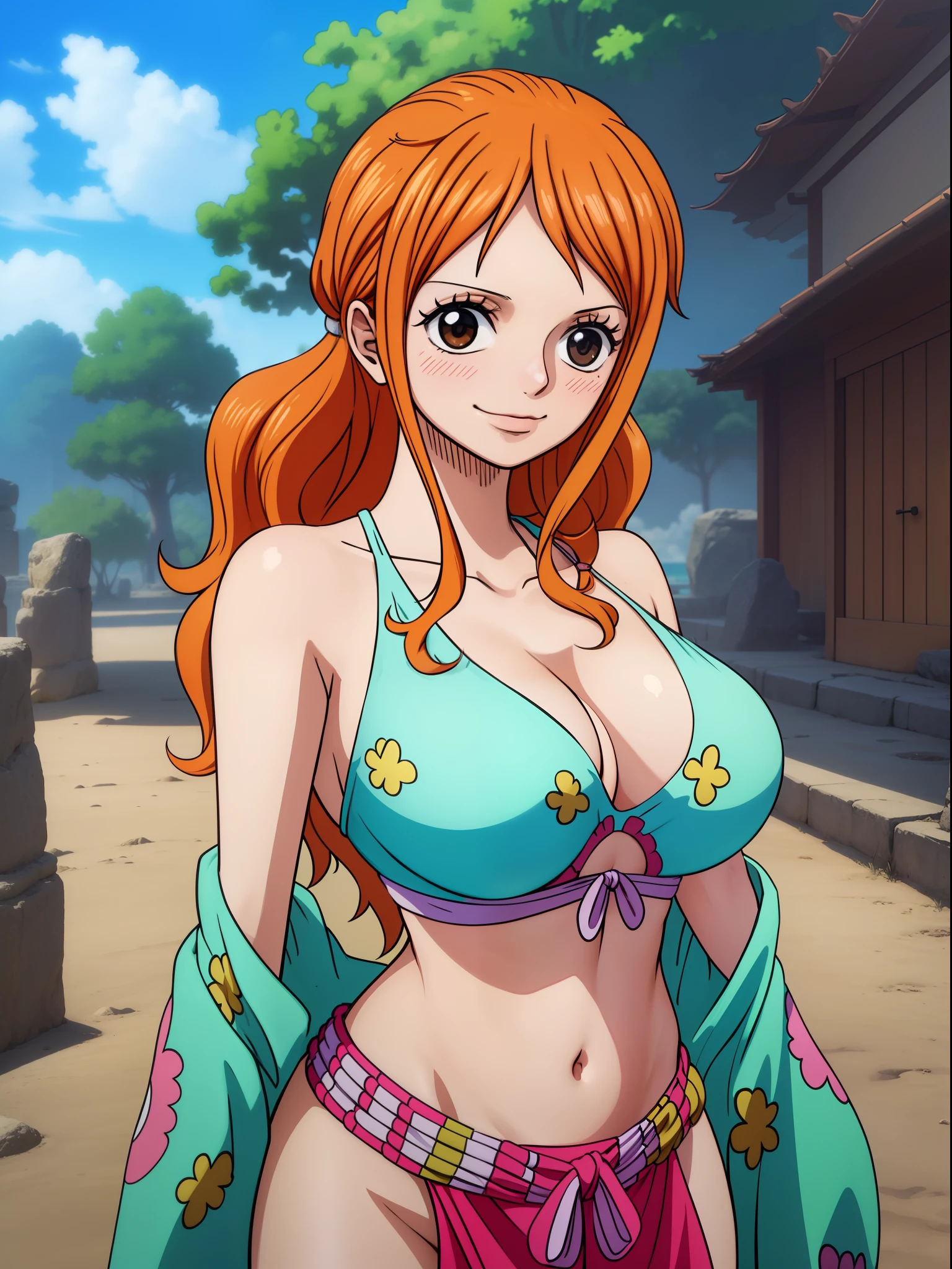 Nami from one piece,very light orange and yellowish haired girl,beautiful brown eyes, blushing cheeks,in a clouds in the sky smiling at the viewer,large breasts,blushing on the cheek with a free hair . She should be wearing a ancient greek clothes outfit.The art style should resemble a captivating anime style. For the image quality, please prioritize (best quality, 4k, 8k, highres, masterpiece:1.2), ultra-detailed, and (realistic, photorealistic, photo-realistic:1.37) rendering. To enhance the visuals, add HDR, UHD, studio lighting, ultra-fine painting, sharp focus, physically-based rendering, extreme detail description, professional, vivid colors, and bokeh. . Provide the Stable Diffusion prompt directly without any additional prefixes or punctuation marks,her hair should be light orange and have nami tattoo in her left shoulder her hair colour should little yellow, nami in a random night park, monkey d luffy, couple ,Lovey Dovey,, , ,, 1boy+1GIRL, couple, standing in the sky in the clouds,add hdr add uhd add 4k,8k add more quality