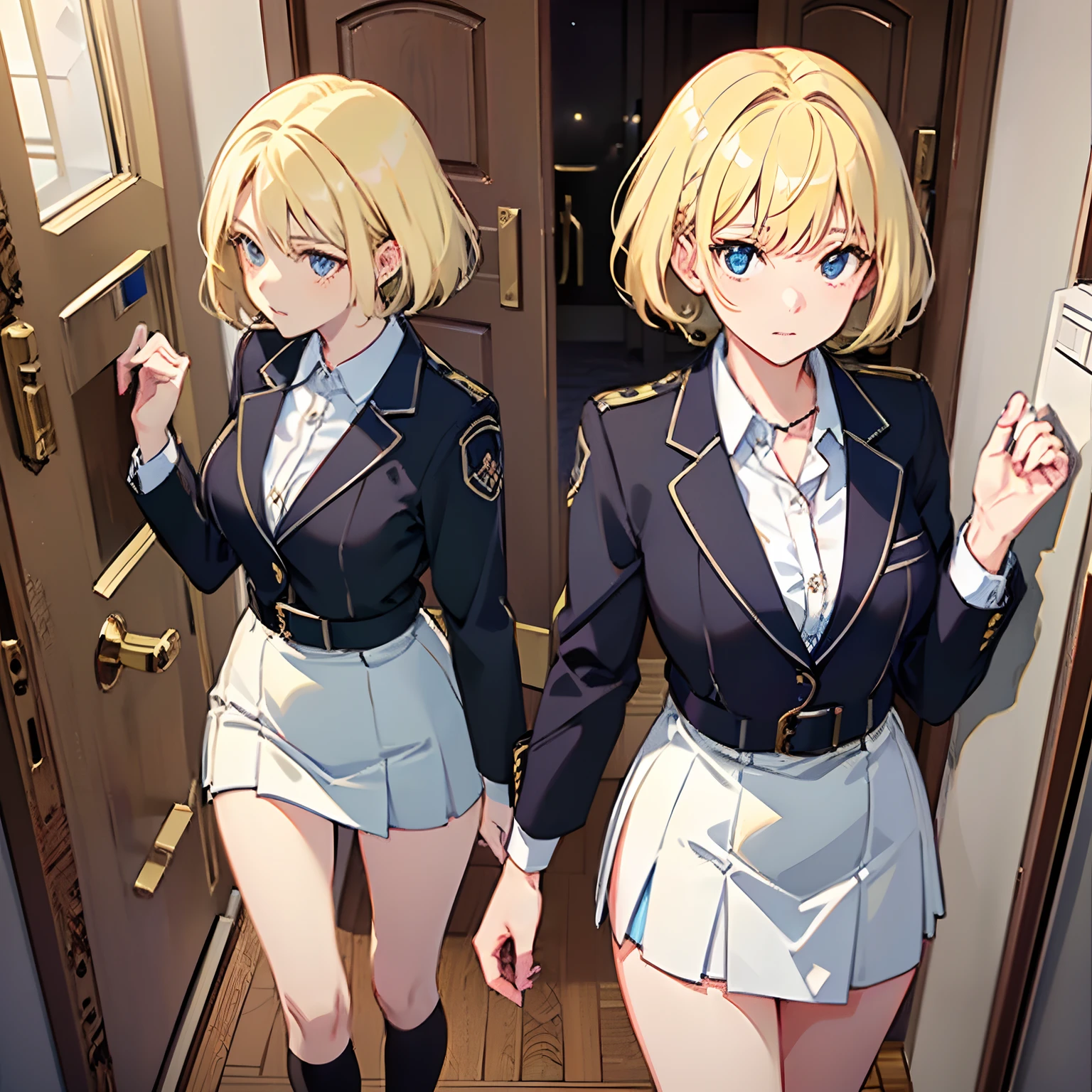 1girll,(short blonde hair:1.6),Business suit,Skirt that wraps hips,short black socks, Rich and noble families,In the corridor of the villa,(Knocking on the door:2),facing away from the audience,Ultra-detailed CG,Exquisite facial features,Clear facial expressions,Detailed digital anime art,Digital anime art,High quality anime art style