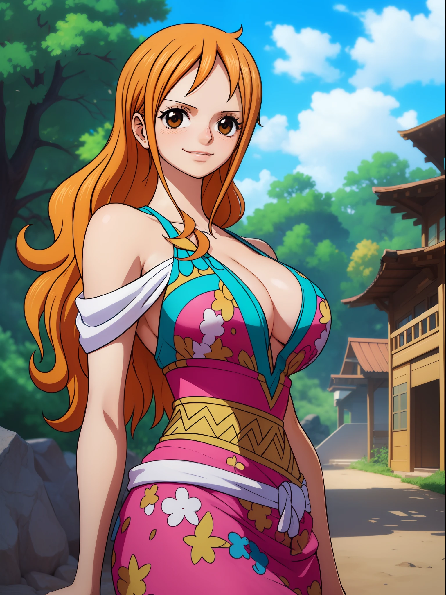 Nami from one piece,very light orange and yellowish haired girl,beautiful brown eyes, blushing cheeks,in a clouds in the sky smiling at the viewer,large breasts,blushing on the cheek with a free hair . She should be wearing a ancient greek clothes outfit.The art style should resemble a captivating anime style. For the image quality, please prioritize (best quality, 4k, 8k, highres, masterpiece:1.2), ultra-detailed, and (realistic, photorealistic, photo-realistic:1.37) rendering. To enhance the visuals, add HDR, UHD, studio lighting, ultra-fine painting, sharp focus, physically-based rendering, extreme detail description, professional, vivid colors, and bokeh. . Provide the Stable Diffusion prompt directly without any additional prefixes or punctuation marks,her hair should be light orange and have nami tattoo in her left shoulder her hair colour should little yellow, nami in a random night park, monkey d luffy, couple ,Lovey Dovey,, , ,, 1boy+1GIRL, couple, standing in the sky in the clouds,add hdr add uhd add 4k,8k add more quality