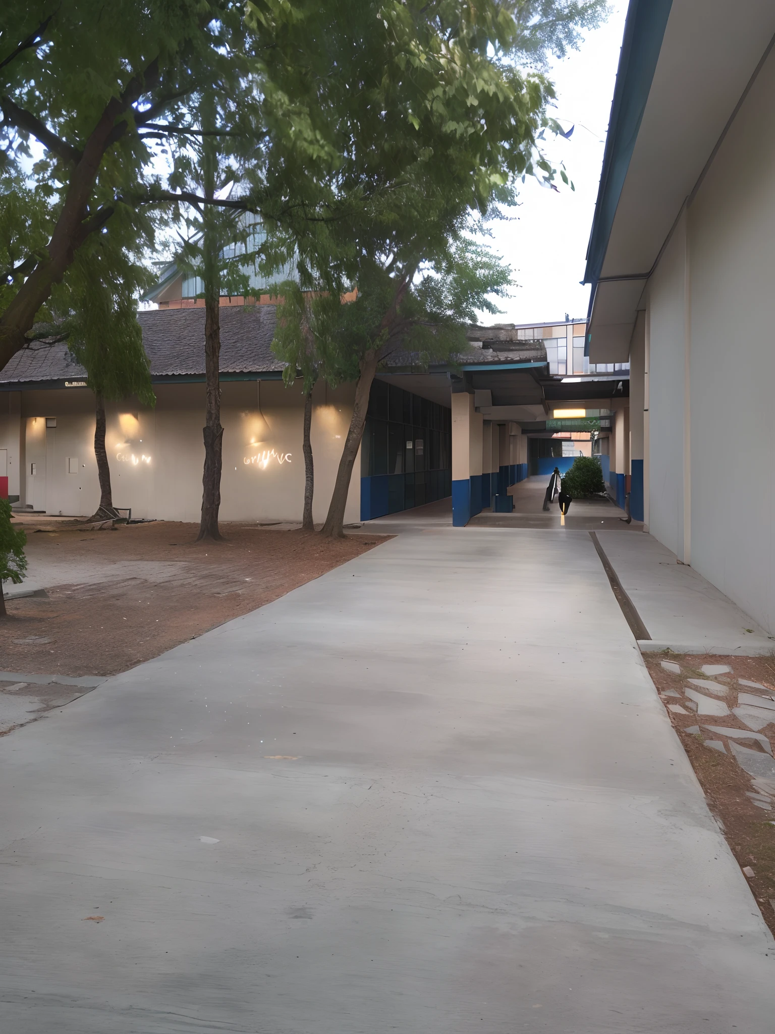 there is a sidewalk that is next to a building with a tree, school courtyard, walkway, with walkways, frontview, courtyard walkway, walkways, student, front view, front side view, inside elementary school, front-view, ground level view, view from front, outside view, pathway, a long-shot from front, centre image, walking towards camera