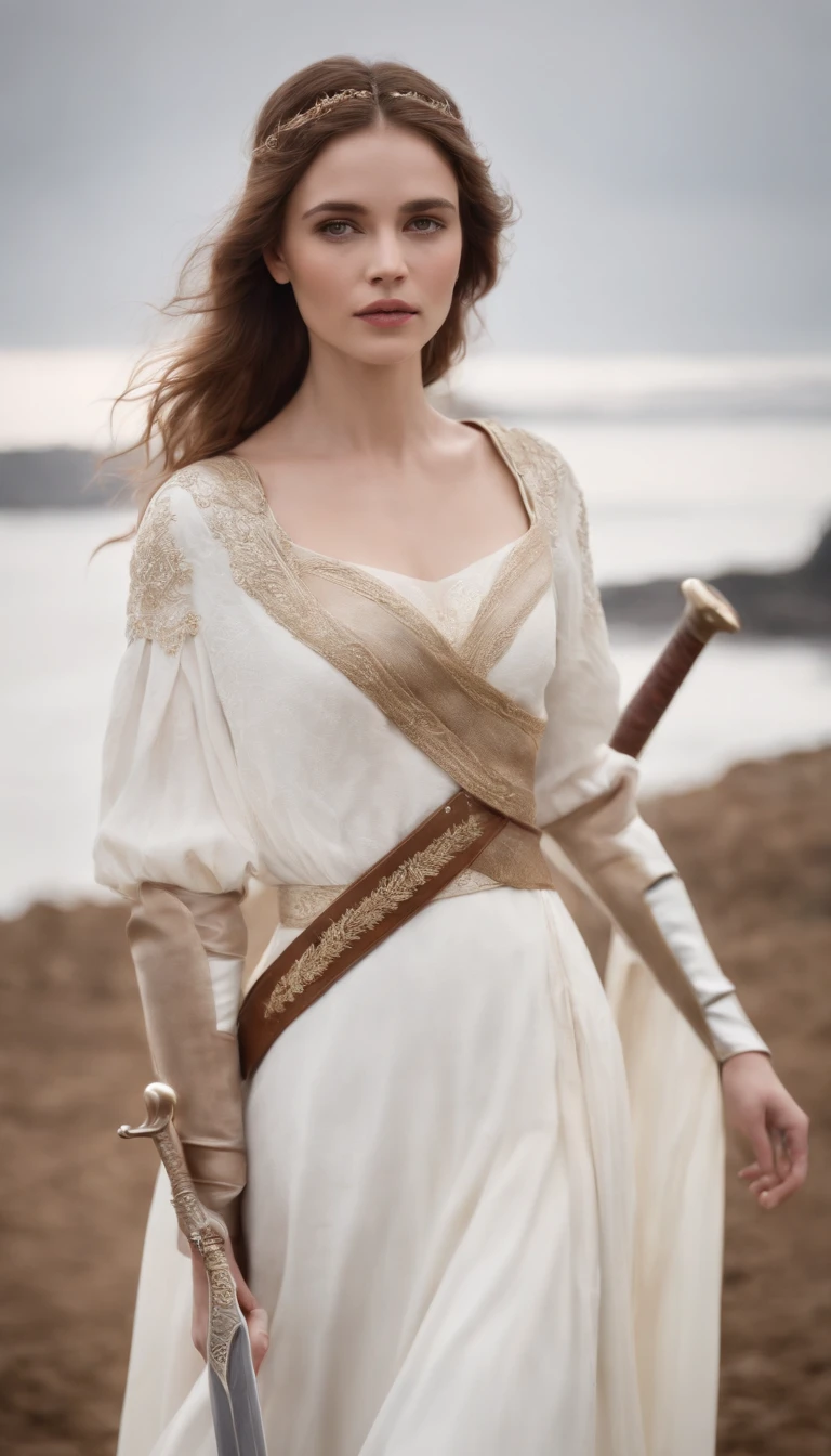 ((Masterpiece)), (((Best quality))), ((Ultra-detailed)), ((illustration)),[Realism light effect],ombre,Une femme chevalier，Armure，Giant sword，noble，Shine with the light，(Backgrounid blanc:1.5)