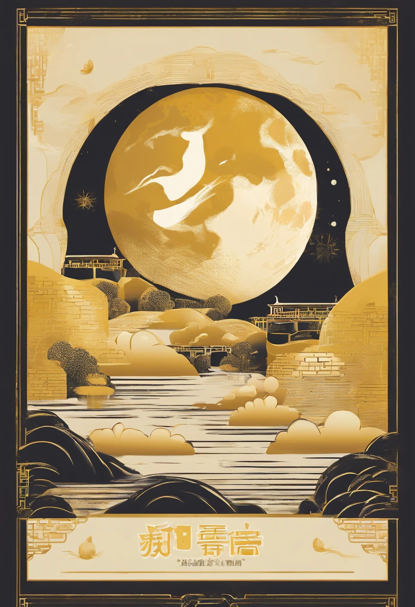 Chinese Mid-Autumn Festival,Chang'e flying moon flight,Moon,Moon,Morandi Gold color scheme,Flat colors,Hand drawn details Simple shapes,Minimalism,Poster art,Large canvas format --- or 3:4