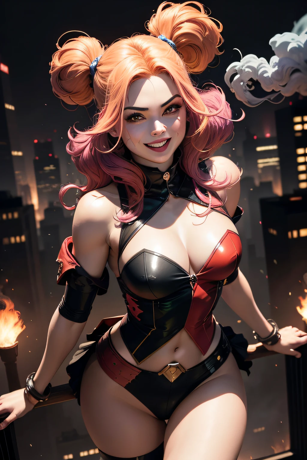 melhor qualidade, ultra-detalhado, cores vibrantes, realistic lighting, Retratos, olhar intenso, sorriso sedutor, cabelos vermelhos e azuis ardentes, maquiagem detalhada, playful and mischievous expression, dinamic poses, Trajes estilosos, Gotham City Setting, energetic and lively atmosphere, diverse and enthusiastic crowd, effects of swirling smoke, postura sedutora e provocadora, Powerful and confident presence