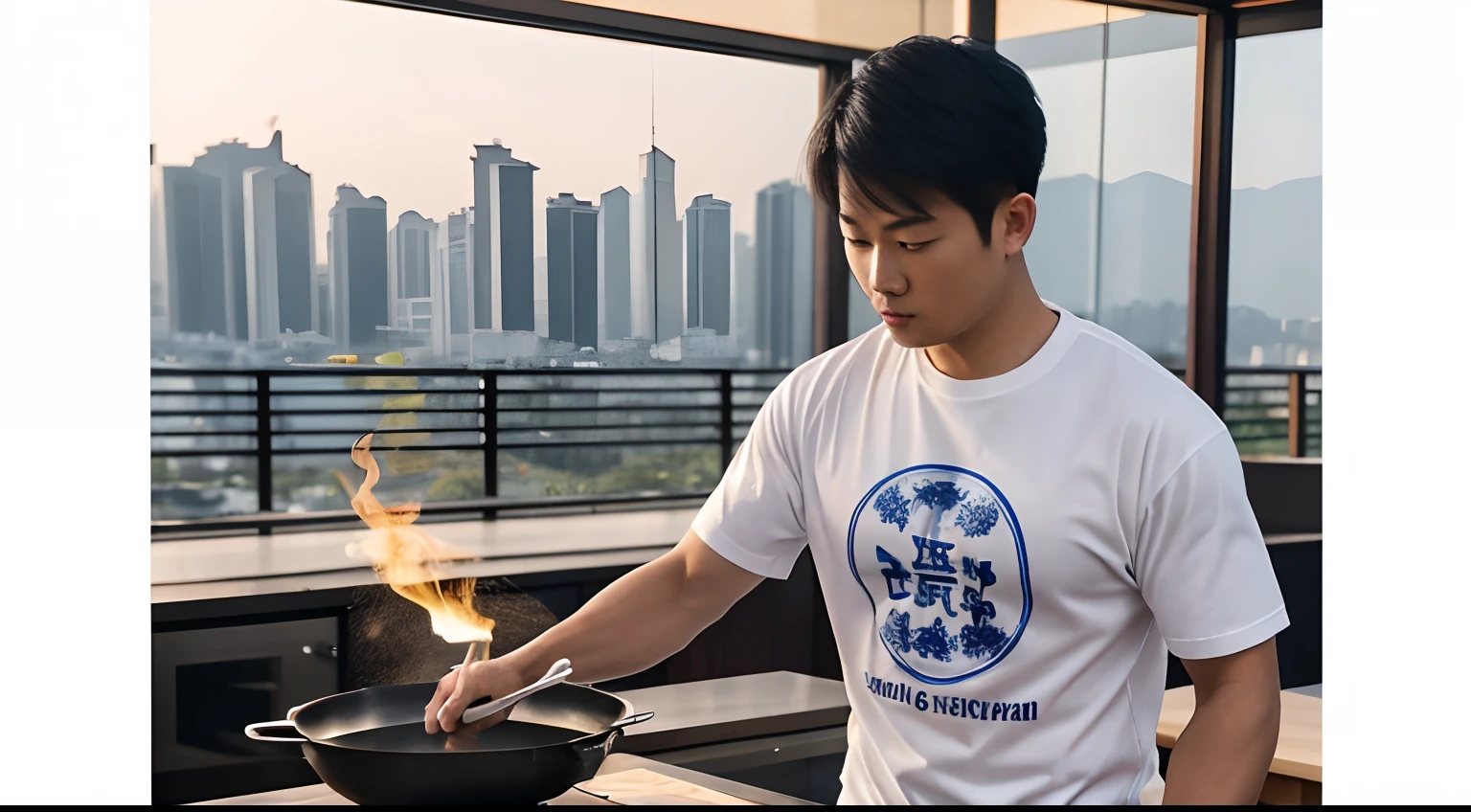 Best Quality、An ultra-high picture quality、Men's Controls１I'm wearing a T-shirt with the image of。Cooking using a wok。Wearing a kung fu shirt。The whole body is moving。There is a fire coming out of the wok。Background white、Brazilian cityscape in the background、ultra wide lens、The whole body is reflected。Raw photo。