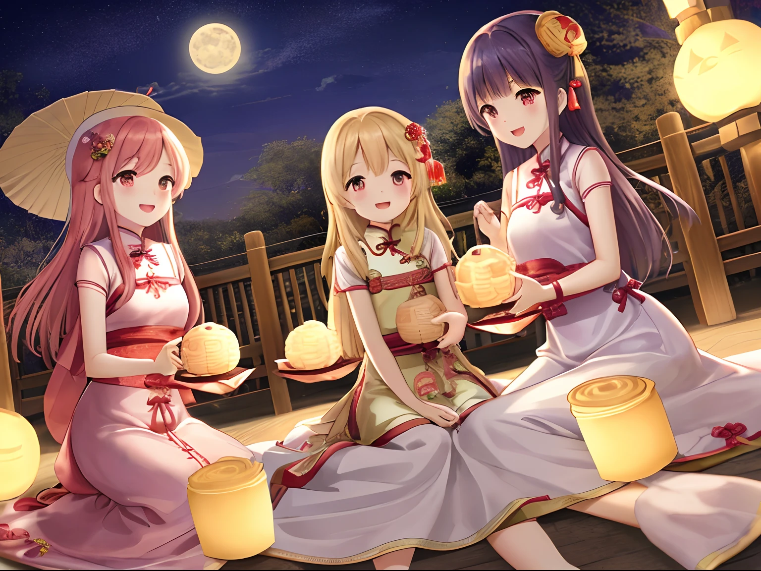 mid-autumn festival,blessings,Happy,Children with long dress,Mooncakes,lantern,Play,4K, Pubic area is clear,cartoony