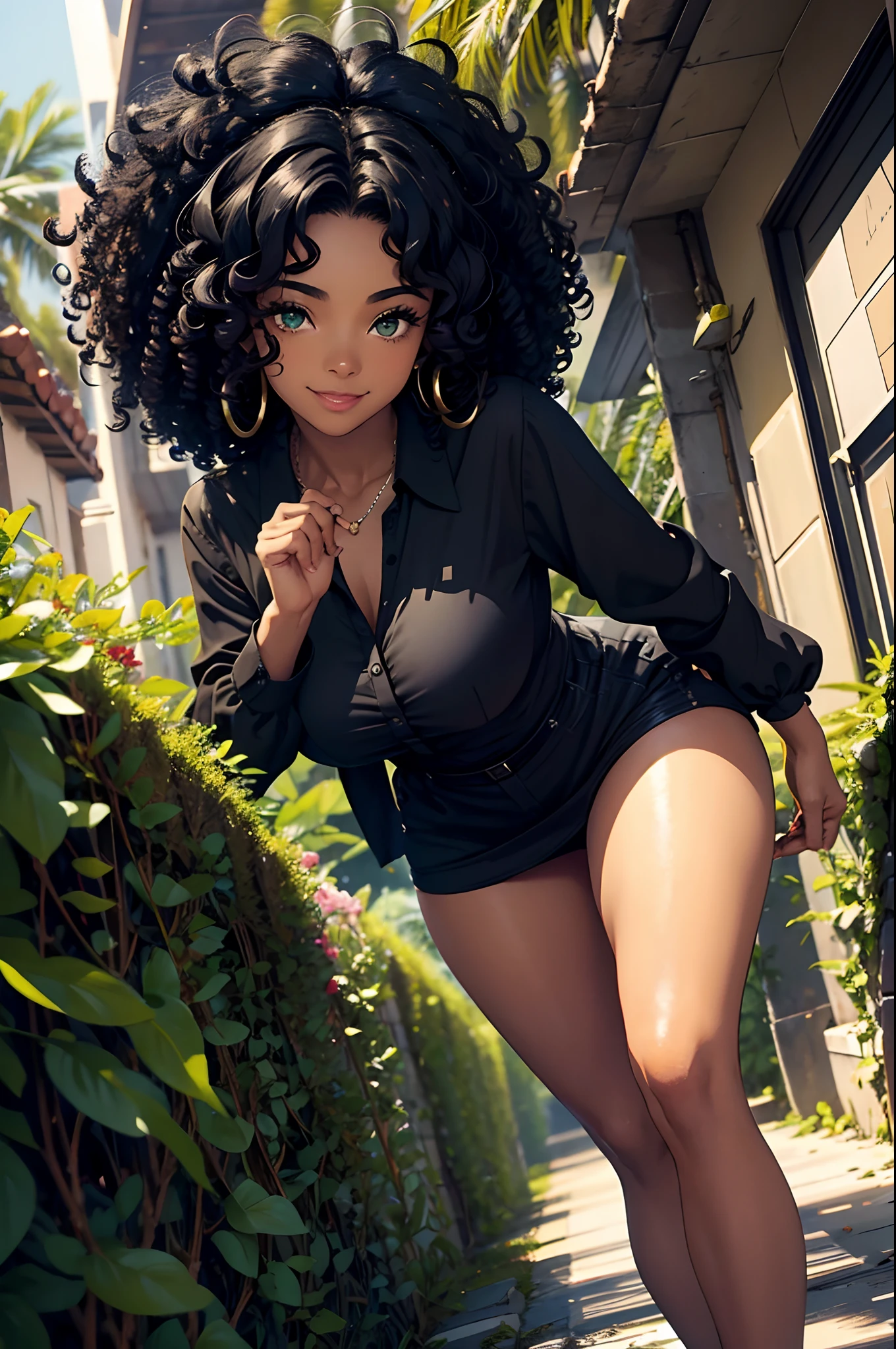 black young woman, curly hair, black hair, smile, defined, black clothes, latina, negra, linda, green eyes
