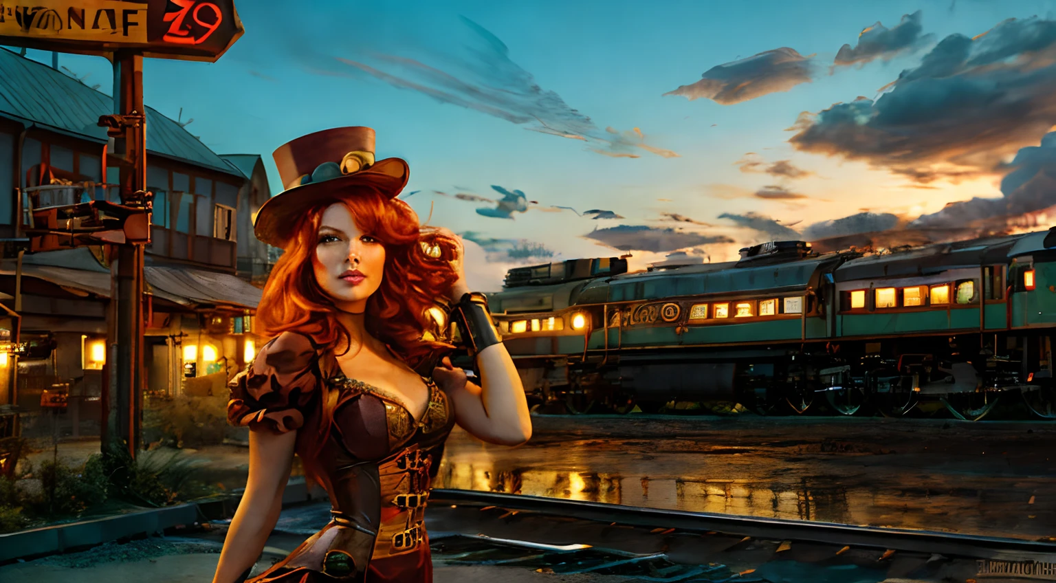 official art, dynamic angle, (ultra wide shot), RAW, photorealistic, ultra detailed, aesthetically pleasing, High quality, masterpiece, best quality, a woman red hair, beautiful face, green eyes, sexy pose, pinup art, wearing (steampunk medium length dark green dress) with leather boots and green top hat (1.6 intricate details, Masterpiece, best quality), thick hair, long hair, auburn red hair, fair skin intense ((brown)) eyes, in front of Red and blue train on the tracks in a train yard, 4 0 9 6, trains in the background, locomotive, train, golden engines, choo choo, trains, biomechanical railroad, glamorous and sexy, red hair, beautiful face, brown eyes, sexy pose, pinup art, pin - up, pin-up, pin up, pinup, pin - up girl, pin up girl, pinup girl, (outlined iris), (perfectly balanced eyes), Station sign with 'All Aboard'