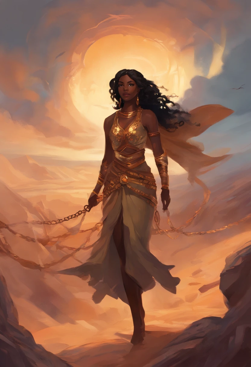 Uma mulher negra, vestida como escrava com uma vestido comprido marrom e blusa marrom clara larga com mangas longas cabelos compridos cheios, running with a skinny teenager with short full hair dressed as a slave behind her with 3 more following in a row, Everyone has shackles and broken chains on their wrists