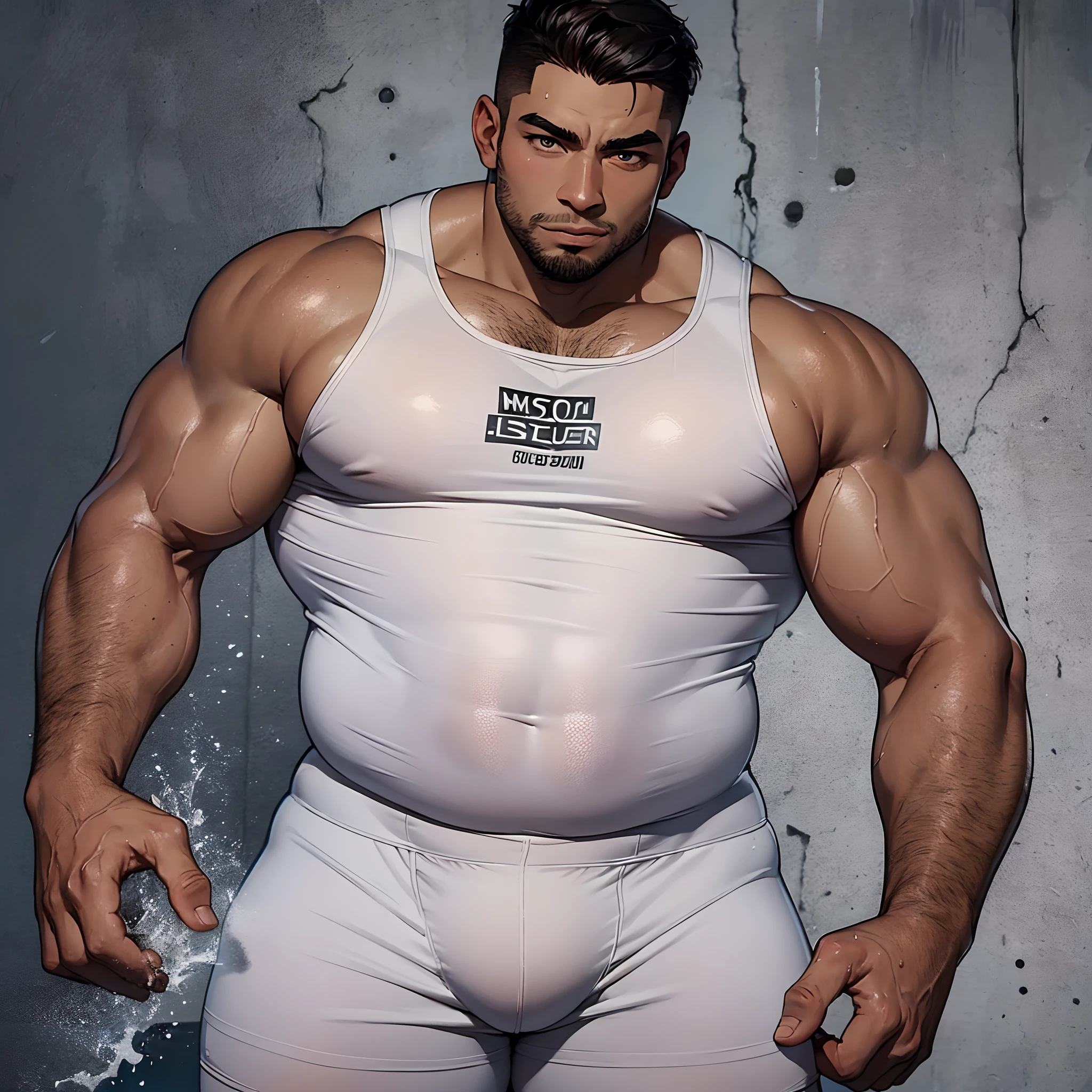 masterpiece , best quality, handsome  man, dark skin,  roundy face ,  round cheeks , short hair, stocky,   perfect hands, white wet singlet , sexy, flirty , 32k, vector --auto --s2