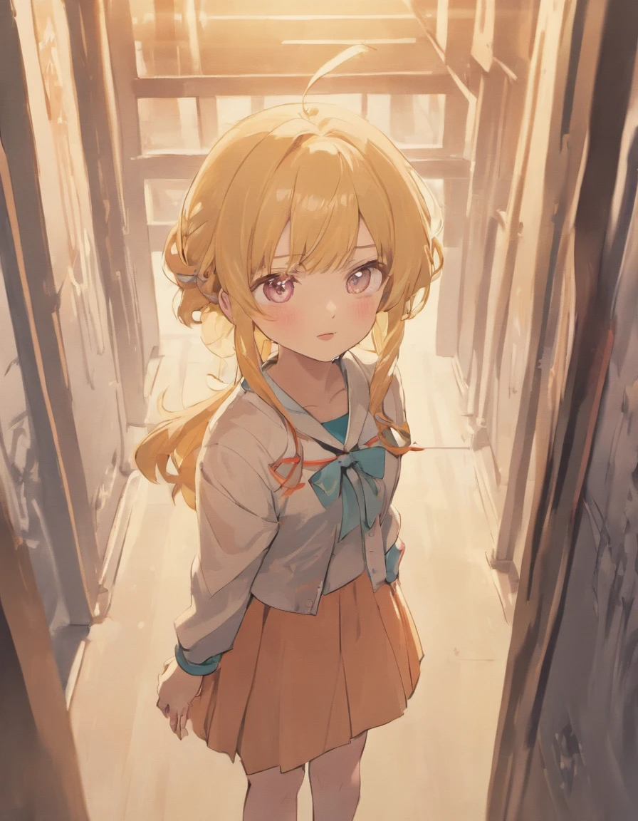 (best quality,4k,8k,highres,masterpiece:1.2),ultra-detailed,realistic,eroge anime girl standing,beautiful detailed eyes,beautiful detailed lips,extremely detailed eyes and face,long eyelashes,portraits,vibrant colors,soft lighting,attractive pose,school uniform,blonde hair,tie,hands on hips,background of classroom,window with sunlight streaming in,shadows on the floor,3D rendering,pastel color palette,warm ambiance,delicate brush strokes