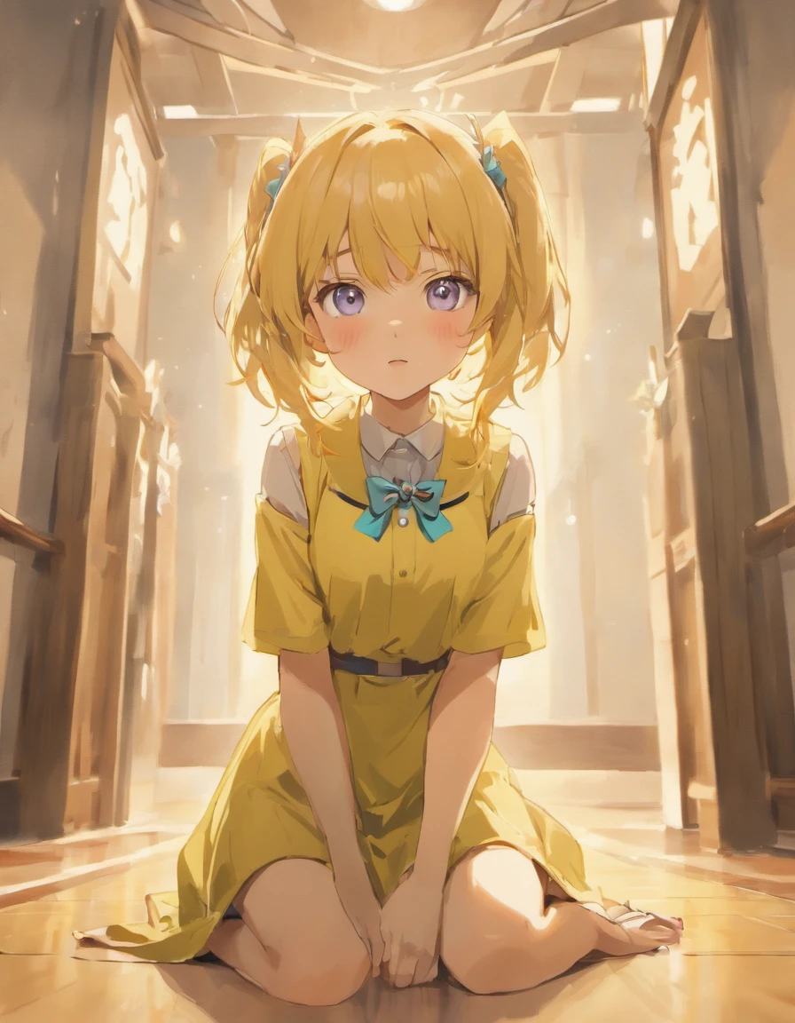 (best quality,4k,8k,highres,masterpiece:1.2),ultra-detailed,realistic,eroge anime girl standing,beautiful detailed eyes,beautiful detailed lips,extremely detailed eyes and face,long eyelashes,portraits,vibrant colors,soft lighting,attractive pose,school uniform,blonde hair,tie,hands on hips,background of classroom,window with sunlight streaming in,shadows on the floor,3D rendering,pastel color palette,warm ambiance,delicate brush strokes
