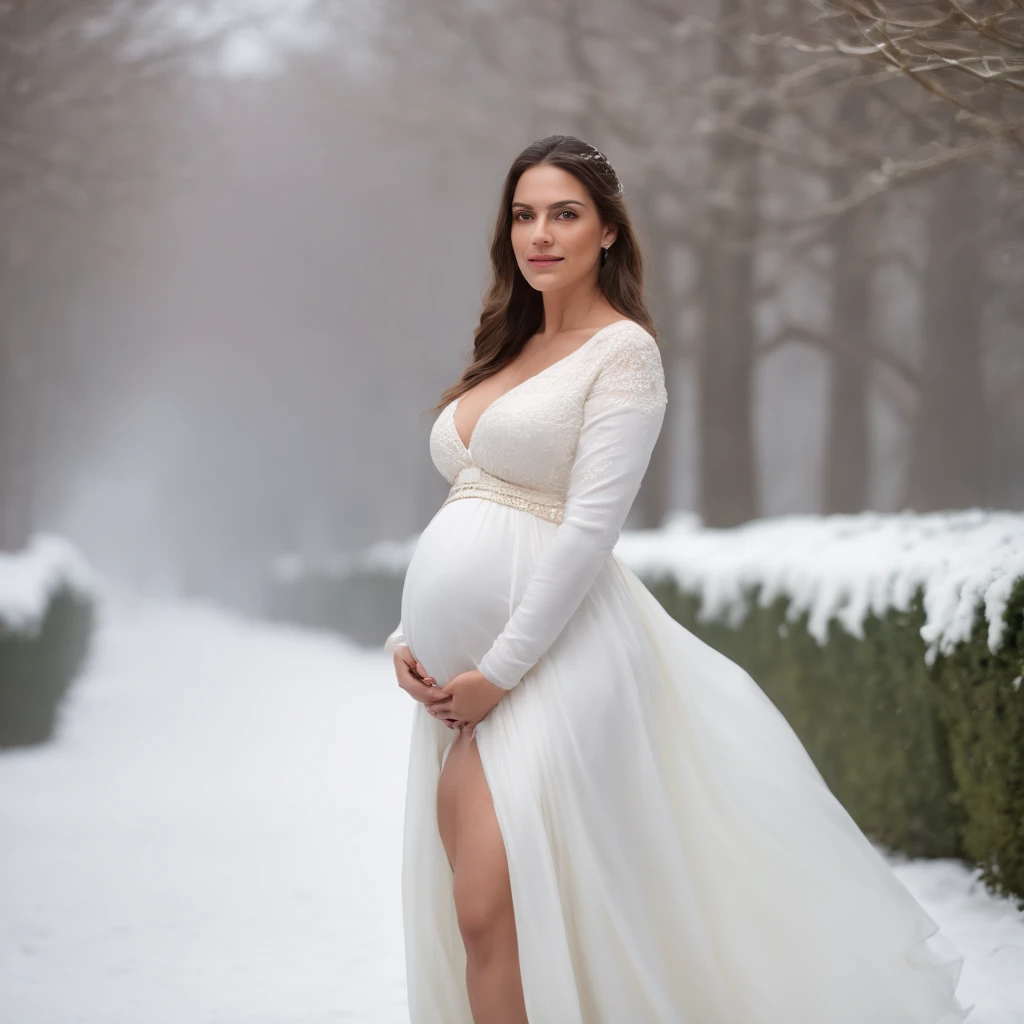 mulher, jovem, pele bronzeada, Brasileira, vestido com um vestido branco, pregnant walking through a snowy garden