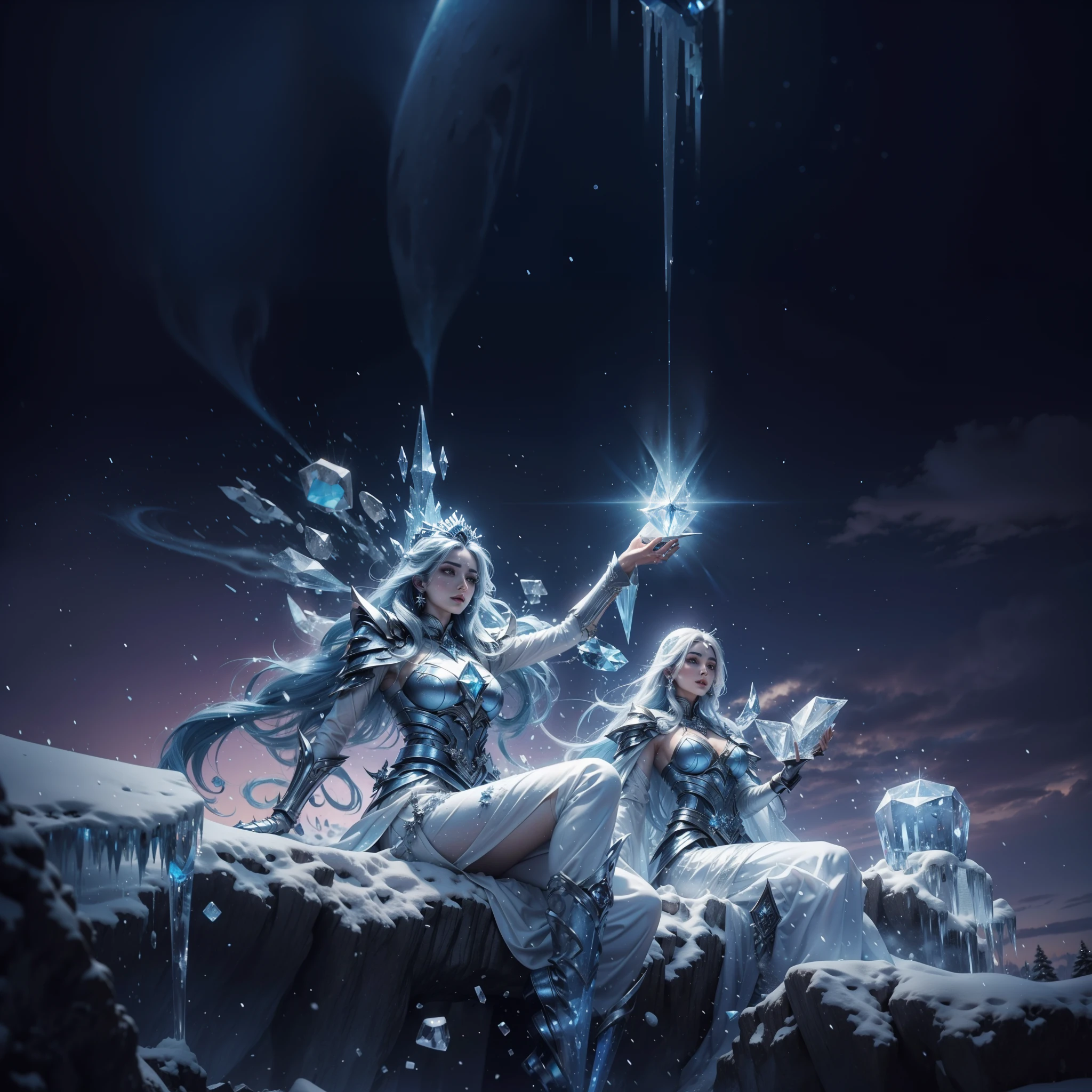 a close up of a person sitting on a snow covered ground, crystalline skin, ice mage, ice lord, maya ali as a storm sorcerer, maya ali as a lightning mage, master of ice, ice spell, icey, ice sorceress, heise jinyao, astri lohne, frost gem, with ice powers