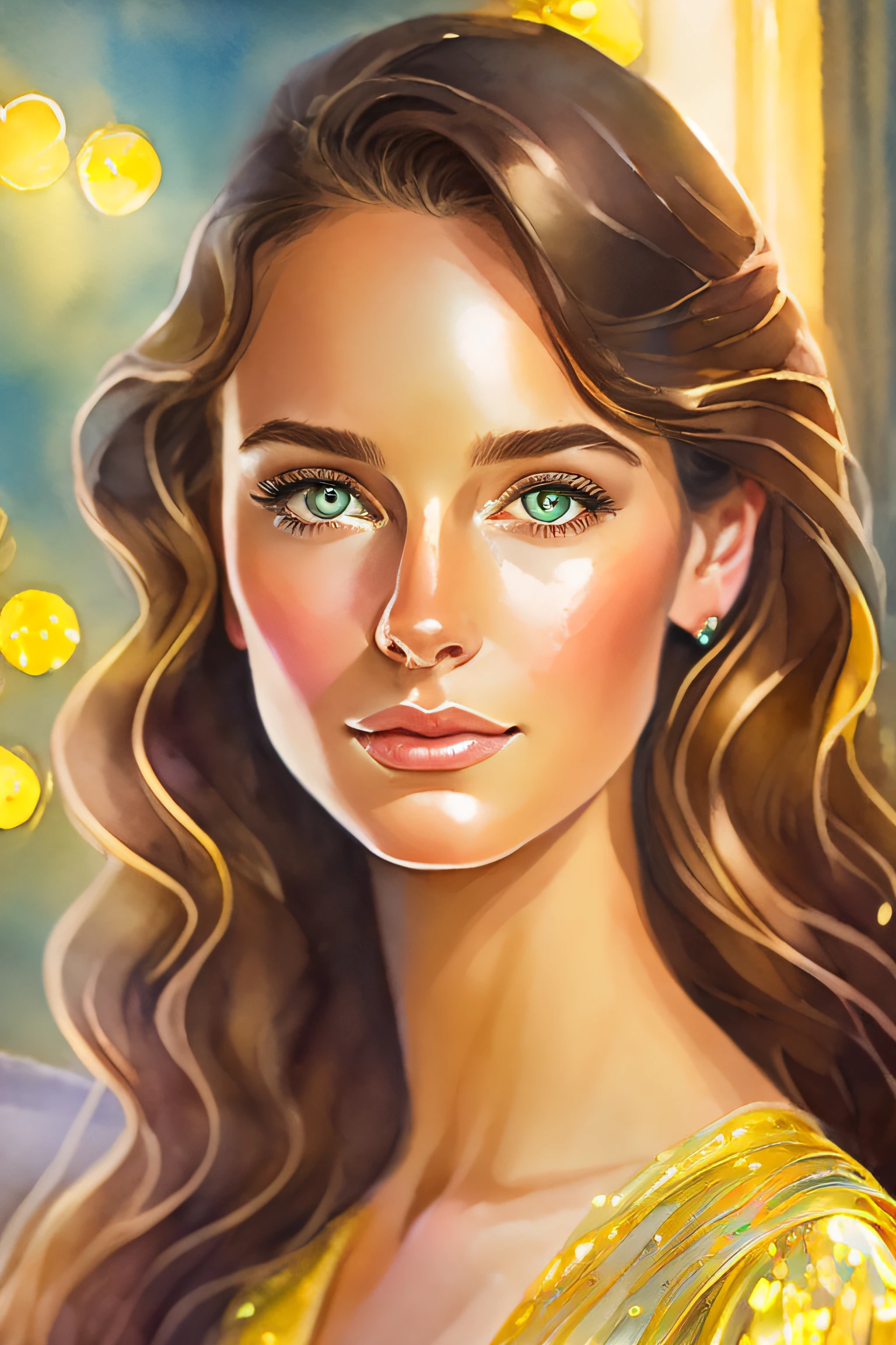 Beautiful Portrait of cute girl in Angela Radovic style illustration , very beautiful iridescent light brown glitter hair, dressed in a beautiful elegant light yellow delicate pajama , piscine blue eyes , in the romantic evening, National Geographic photography, sharp focus on face, A charming, romantic living room . Watercolor and metallic touches --auto