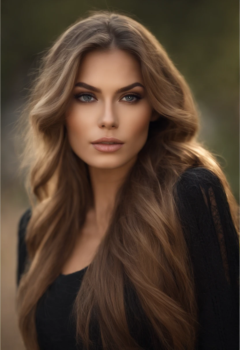 a close up of a woman with long hair and a black top, a digital rendering inspired by Emma Andijewska, tumblr, photorealism, perfect face ), most beautiful woman on earth, gorgeous attractive face, sultry expression, attractive female face!!!, attractive facial features, sexy lips :5 stylish, attractive beautiful face, perfect face model, sexy face with full makeup