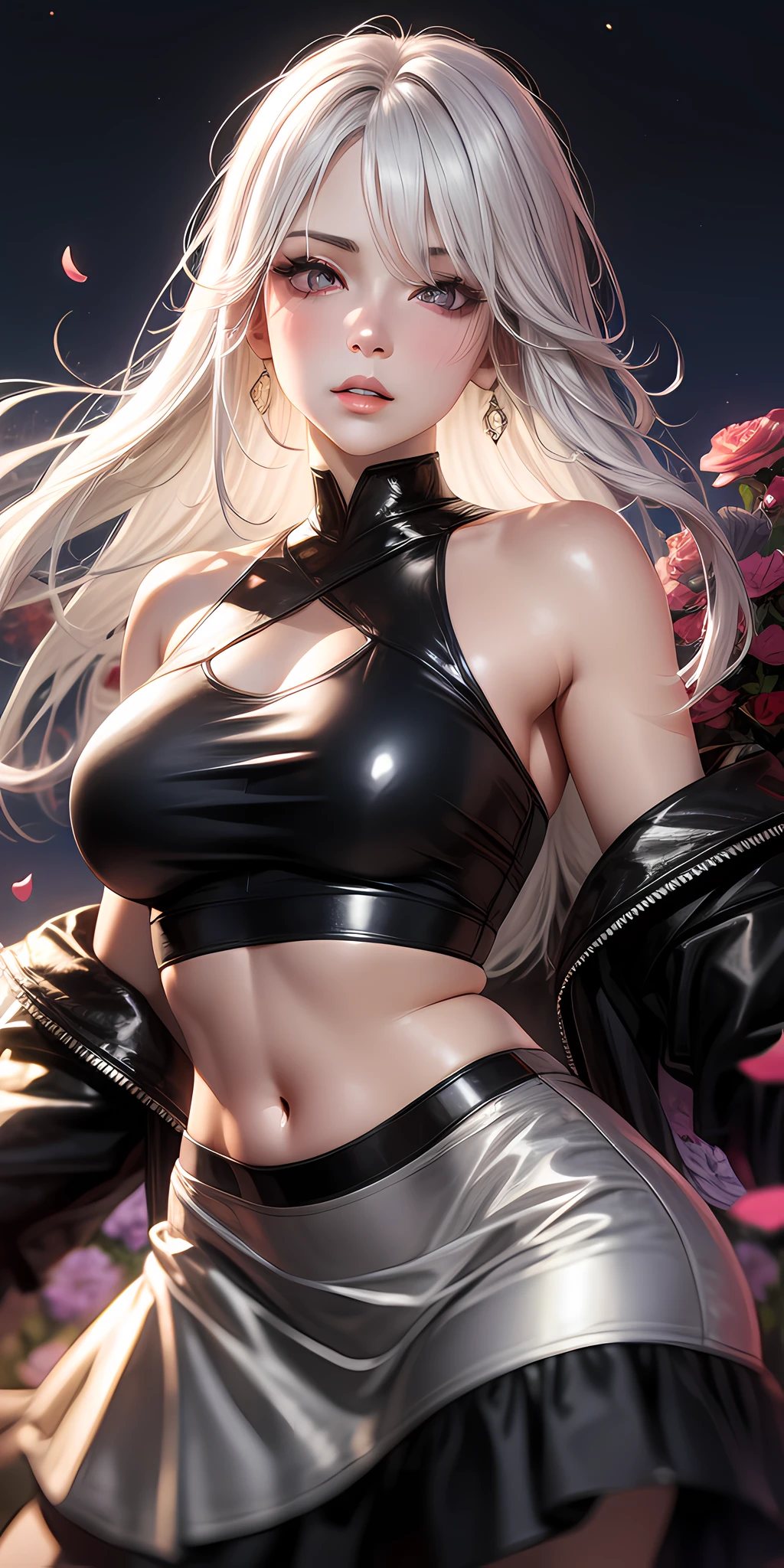 realistic, 1woman white hair, purple eyes, glowing eyes, crop top, skirt, parted lips, blush, night, flowers, sun, sunlight,