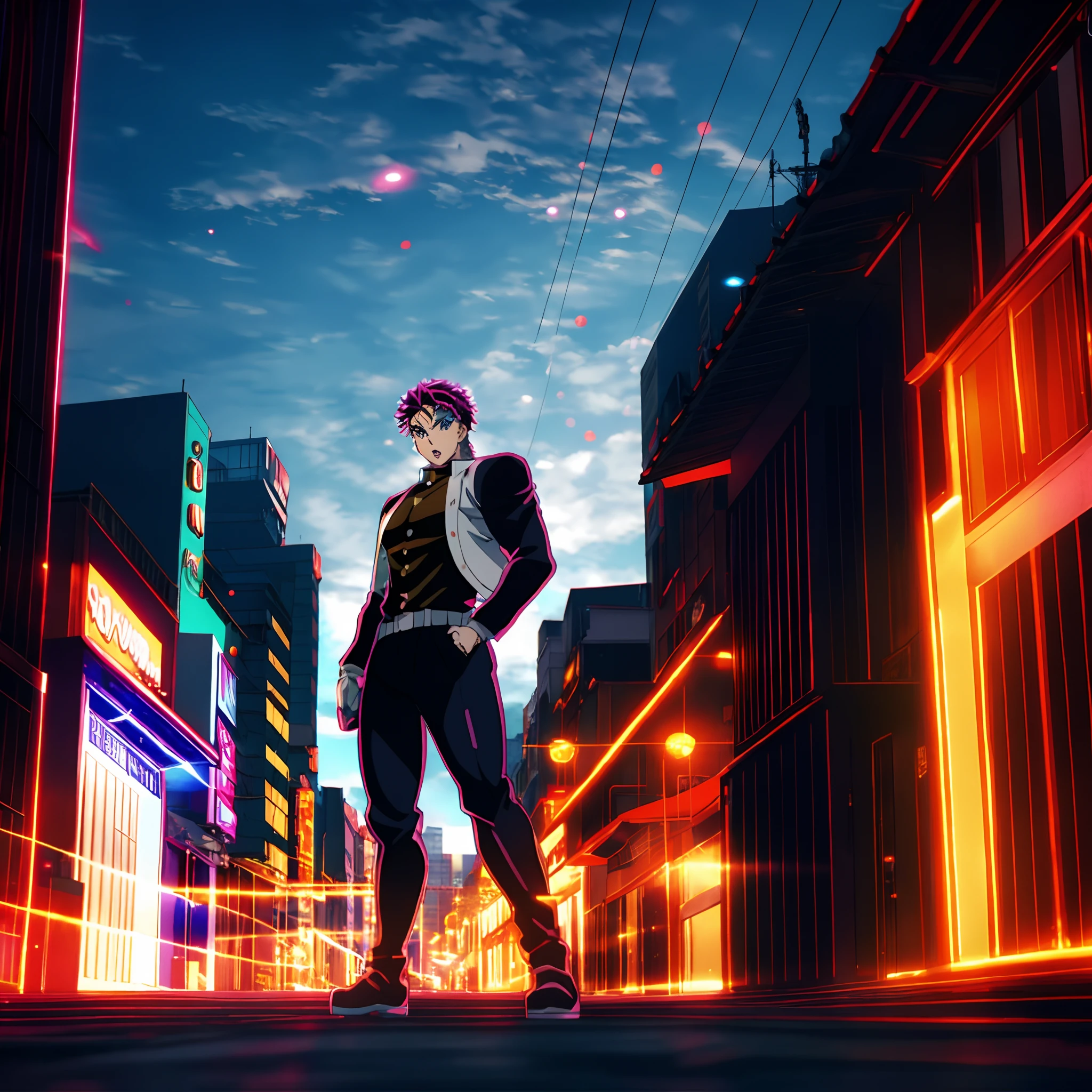 Sexy anime characters standing on a city street with neon lights, badass anime 8 k, Anime estilo Jojo, dois homens bonitos do anime, 4 k manga wallpaper, estilo baki, em jojo\A Aventura Bizarra, striking manga artstyle, Epic anime style, Estilo anime 4K, joseph joestar, conceito de anime hdr anime macmanus, hero pose colorful city lighting