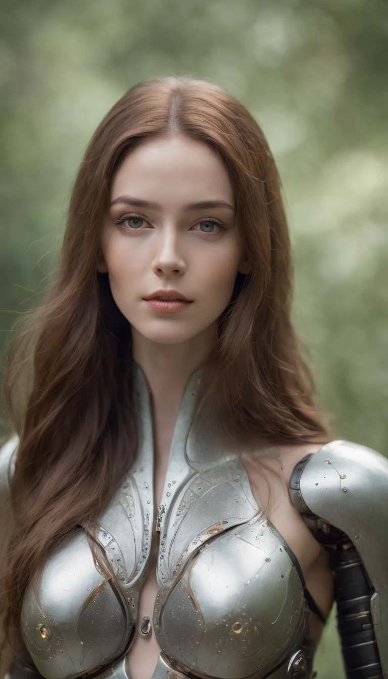 studio photo, Beautiful robot metal woman standing alone, Strange fantasy image, Strange glowing rock, Beautiful, Detailed, Long flowing hair, Medium breasts, Good skin texture