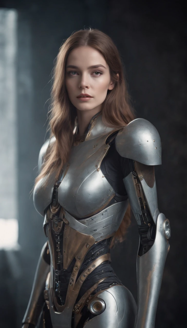 studio photo, Beautiful robot metal woman standing alone, Strange fantasy image, Strange glowing rock, Beautiful, Detailed, Long flowing hair, Medium breasts, Good skin texture
