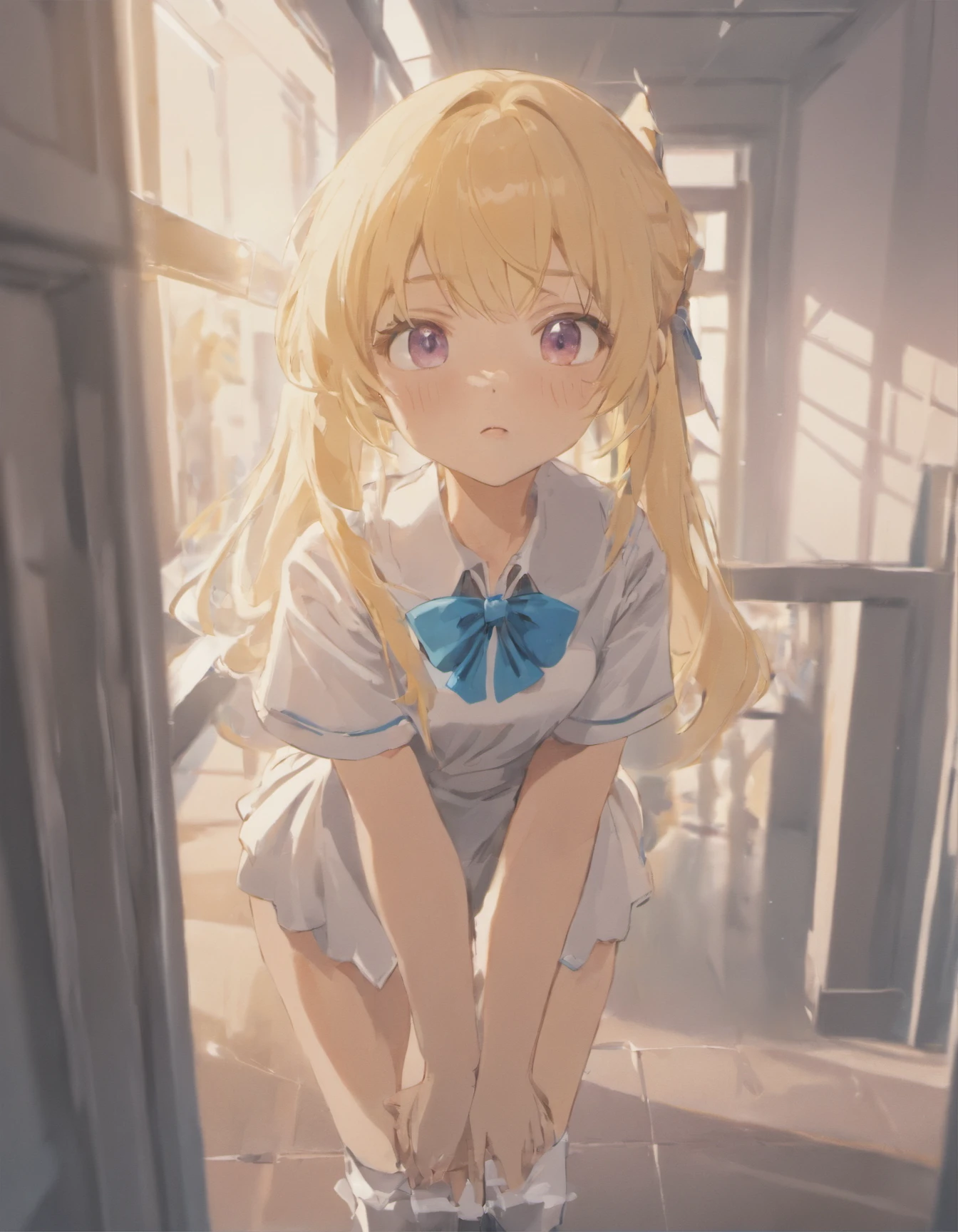 (best quality,4k,8k,highres,masterpiece:1.2),ultra-detailed,realistic,eroge anime girl standing,beautiful detailed eyes,beautiful detailed lips,extremely detailed eyes and face,long eyelashes,portraits,vibrant colors,soft lighting,attractive pose,school uniform,blonde hair,tie,hands on hips,background of classroom,window with sunlight streaming in,shadows on the floor,3D rendering,pastel color palette,warm ambiance,delicate brush strokes