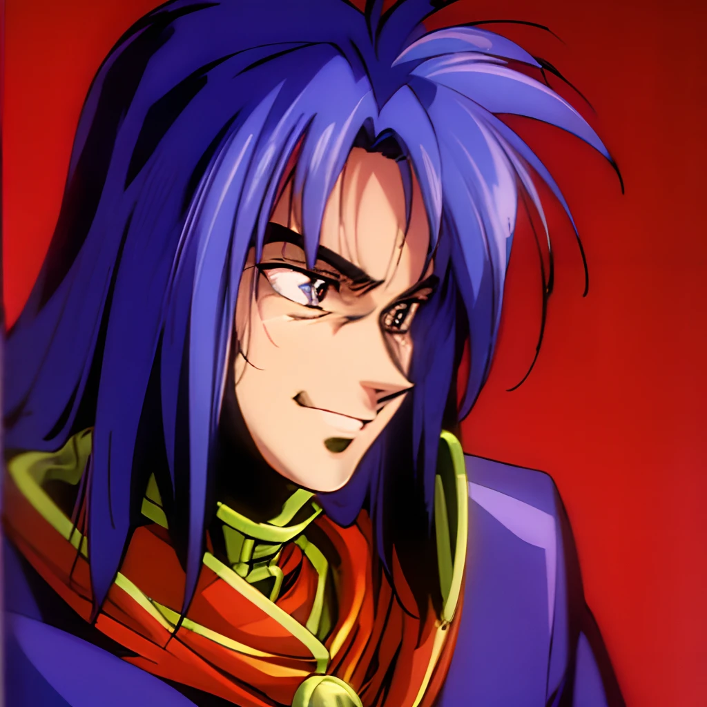 urushisato, 90s, retro artstyle, male, 1boy, purple hair, cocky, smirk, long hair, young man