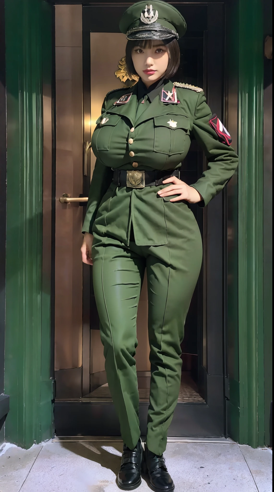 physically-based rendering, 1girl, Female soldier, (huge fake breasts:1.2), sexy muscular body, slim waist, (big buttocks:1.2), (Full body:1.5), front bangs short hair, skintight army suit, Dark green military uniform.