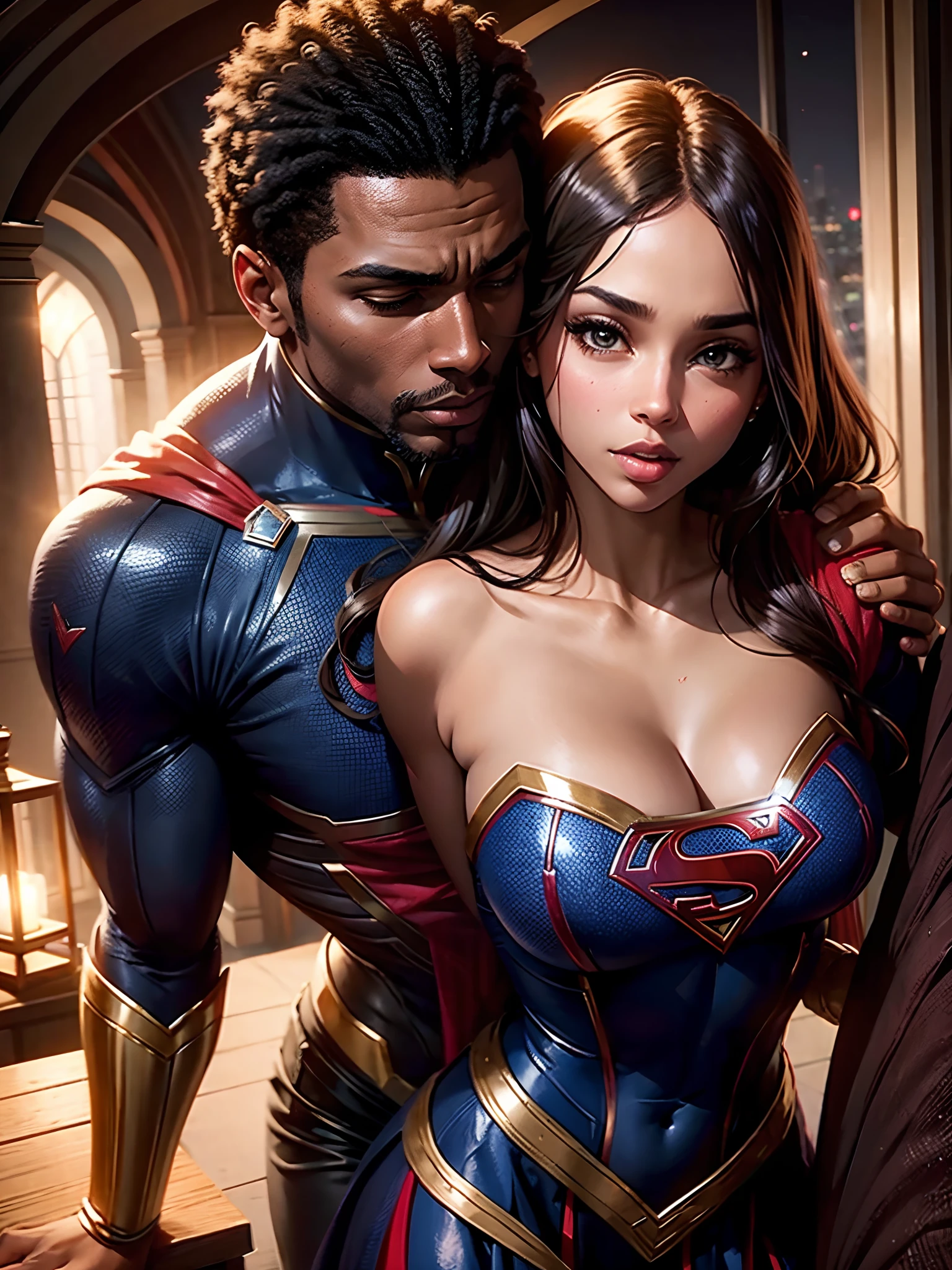 Supergirl romantic snuggle on a black strong man as she fall in love with him, a black strong man cuddle Supergirl as if he is protect her, romantic poses, on top of tall roofs