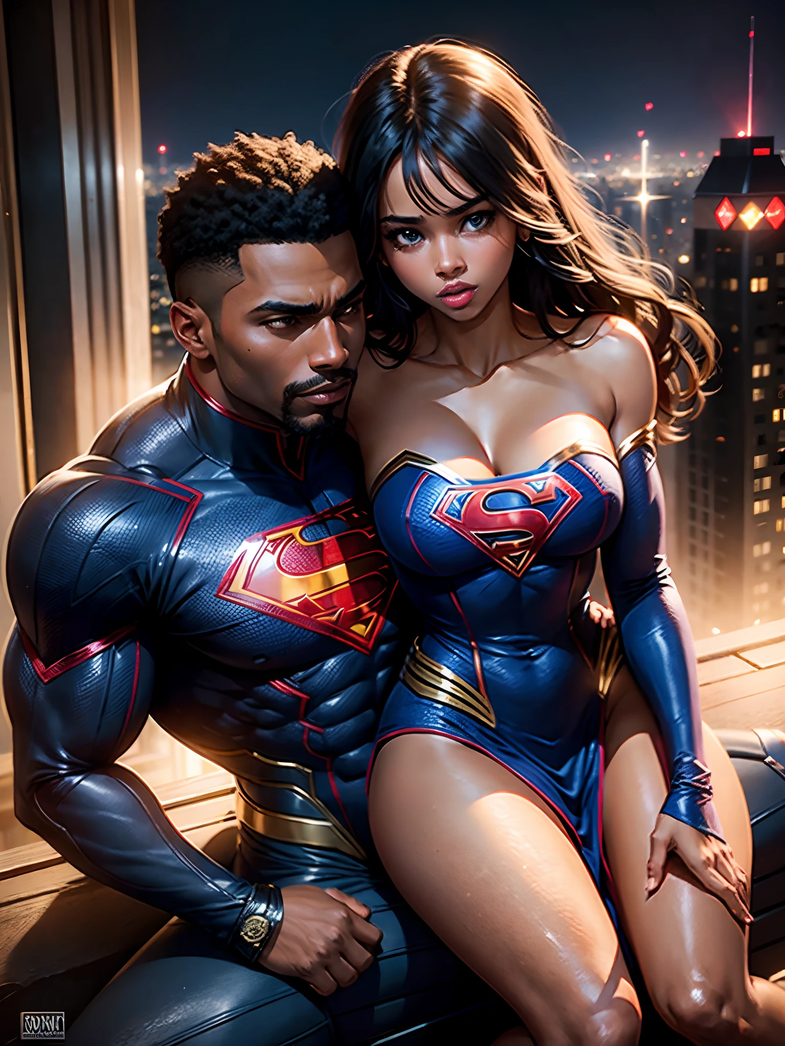 Supergirl romantic snuggle on a black strong man as she fall in love with him, a black strong man cuddle Supergirl as if he is protect her, romantic poses, on top of tall roofs