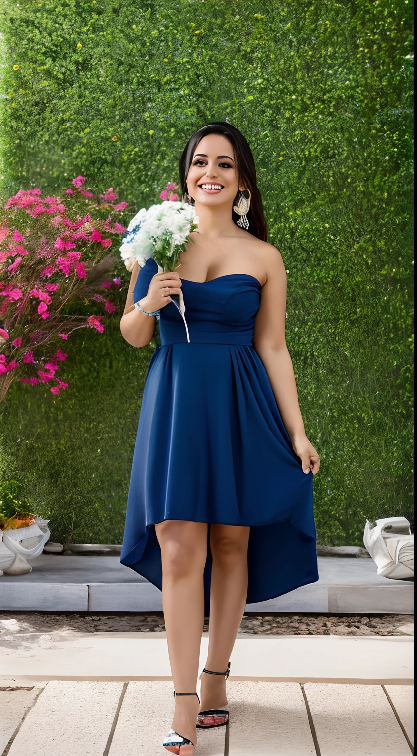 Mulher brasileira, 37 anos vestida com um vestido florido lindo, Baby Blue Photorealistic , 4k, seios pequenos, wearing navy blue sandals, cabelos soltos lisos pretos, foto realistas 8k