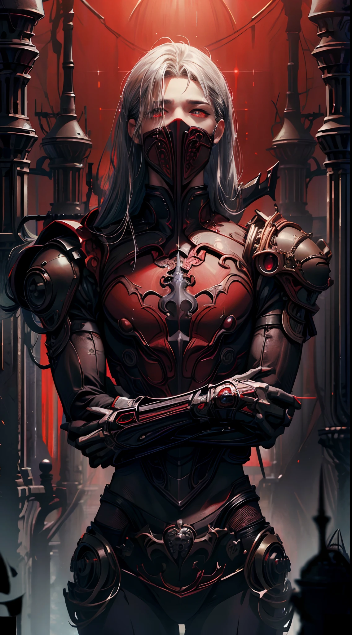 (Man), (Solo), 1boy, high resolution, ultra detailed, best quality, amazing, top quality, extremely detailed CG unity, detailed glowing red eyes, depth of field, red clothes, half cyborg body, cinematic lighting, cyberpunk, dark boy, silver hair, red eyes, detailed eyes, cyborg mask, killer machine, foggy atsmophere, sparkling bloods, dark fantasy.