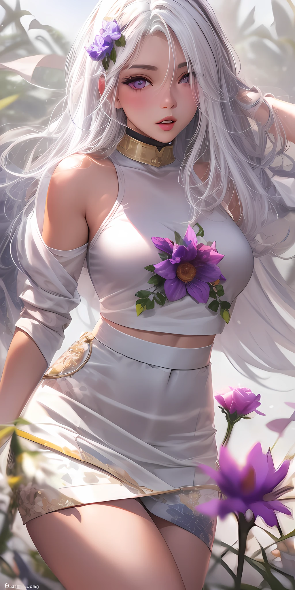 realistic, 1woman white hair, purple eyes, glowing eyes, crop top, skirt, parted lips, blush, night, flowers, sun, sunlight,