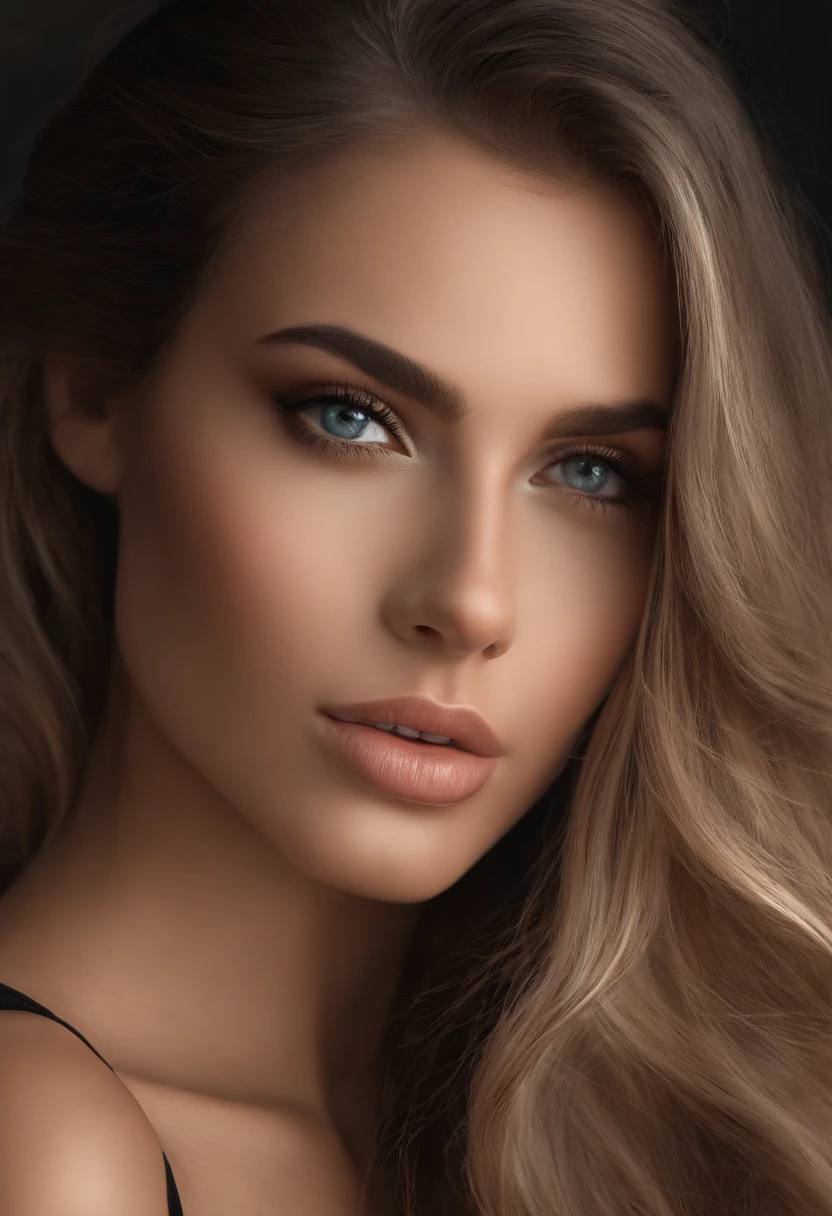 a close up of a girl 25 years with long hair and a black top, a digital rendering inspired by Emma Andijewska, tumblr, photorealism, perfect face ), most beautiful woman on earth, gorgeous attractive face, sultry expression, attractive female face!!!, attractive facial features, sexy lips :5 stylish, attractive beautiful face, perfect face model, sexy face with full makeup