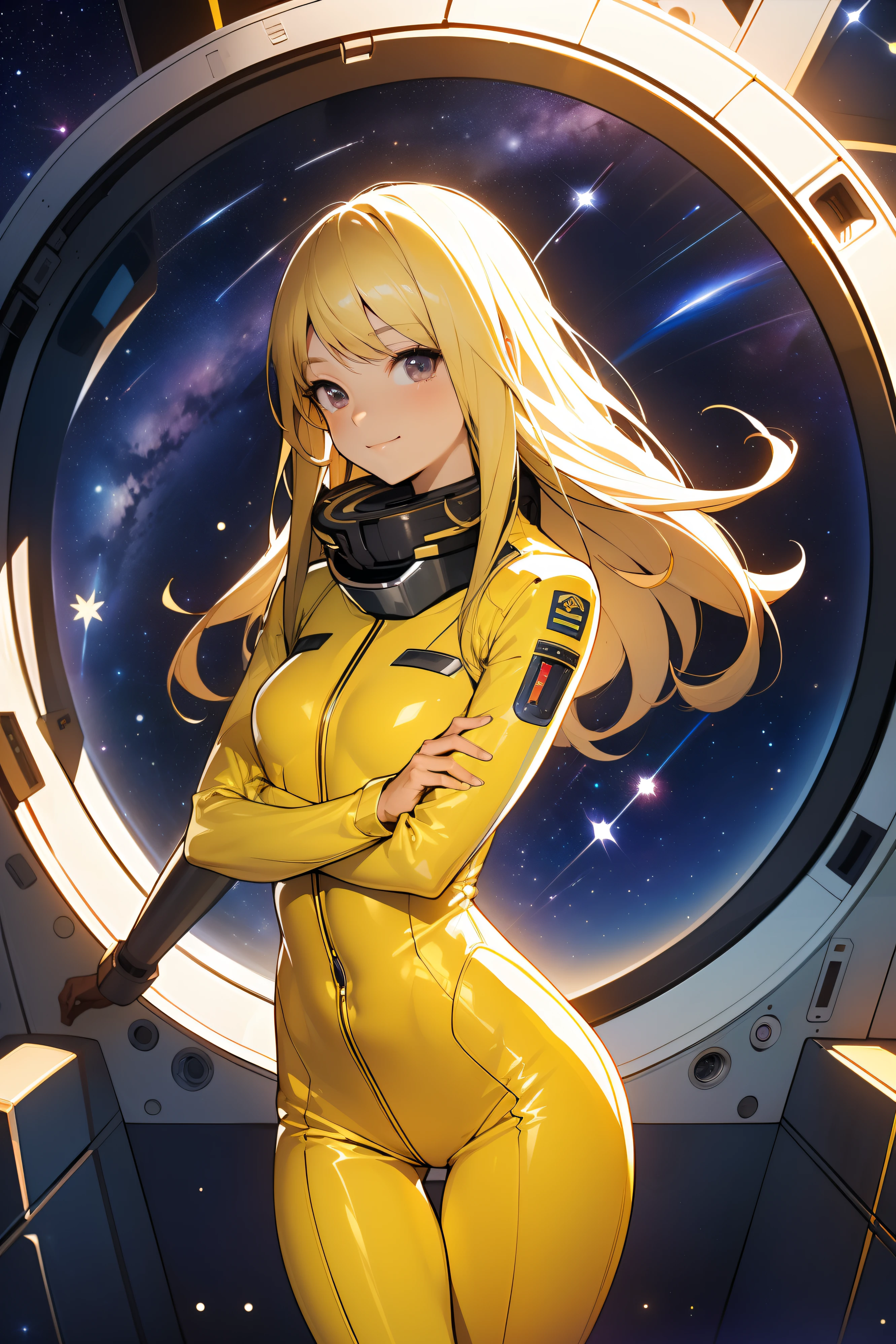 (masterpiece, best quality:1.2), (cowboy shot:1.1), solo, 1girl, mori yuki, slight smile, closed mouth, side view, looking at viewer, blonde hair, long hair, thigh gap, yellow bodysuit, skin-tight, perfect body, large window, (starship porthole:1.3), (spread legs:1.3), (standing:1.1), thigh gap, sensual pose, sideview, perfect hands, bright starship interior, (outer space view:1.1), (orbital view:1.3), (night, stary sky:1.5), milky way