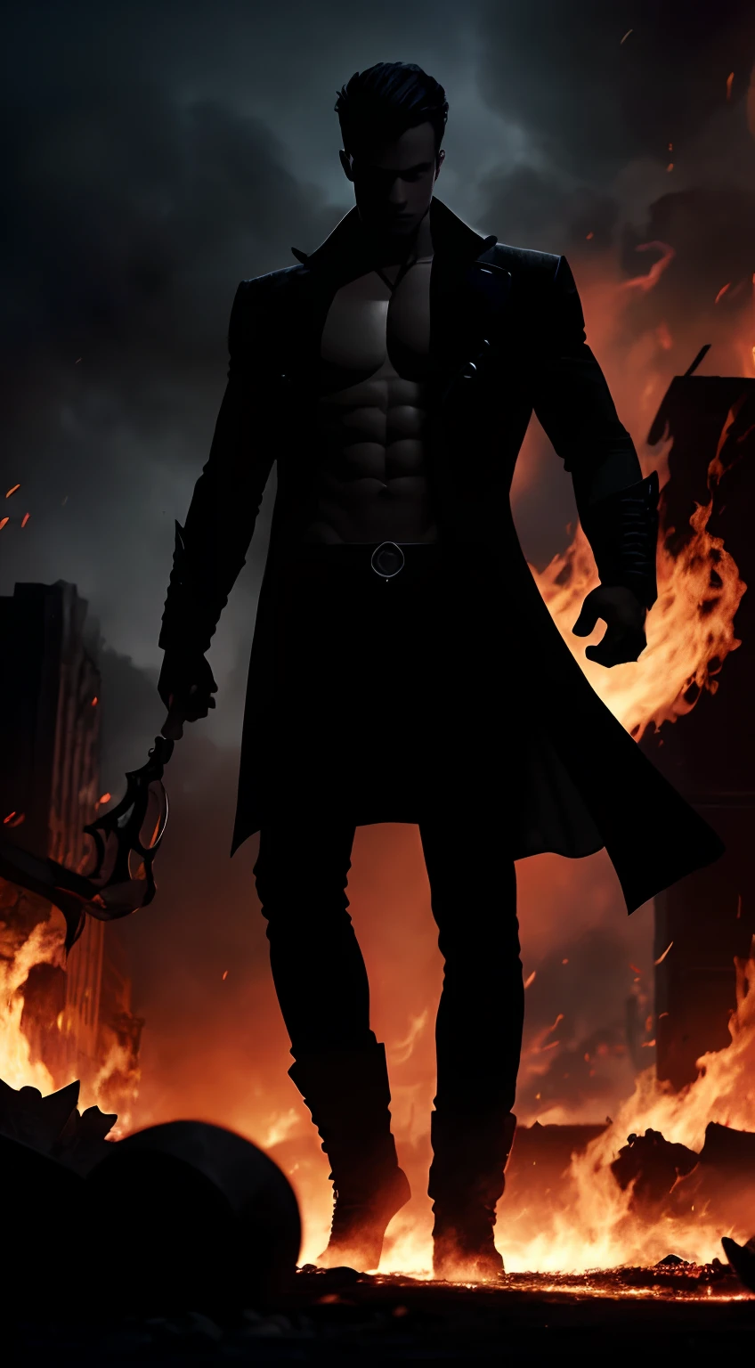 imaginar: closeup of a silhouette of a shirtless young villain, in black pants and black overcoat, his body imbued with fire and dark mist. Ao fundo, They have the destruction of a city and a dark black mist surrounding the place, Fire on the Ground.